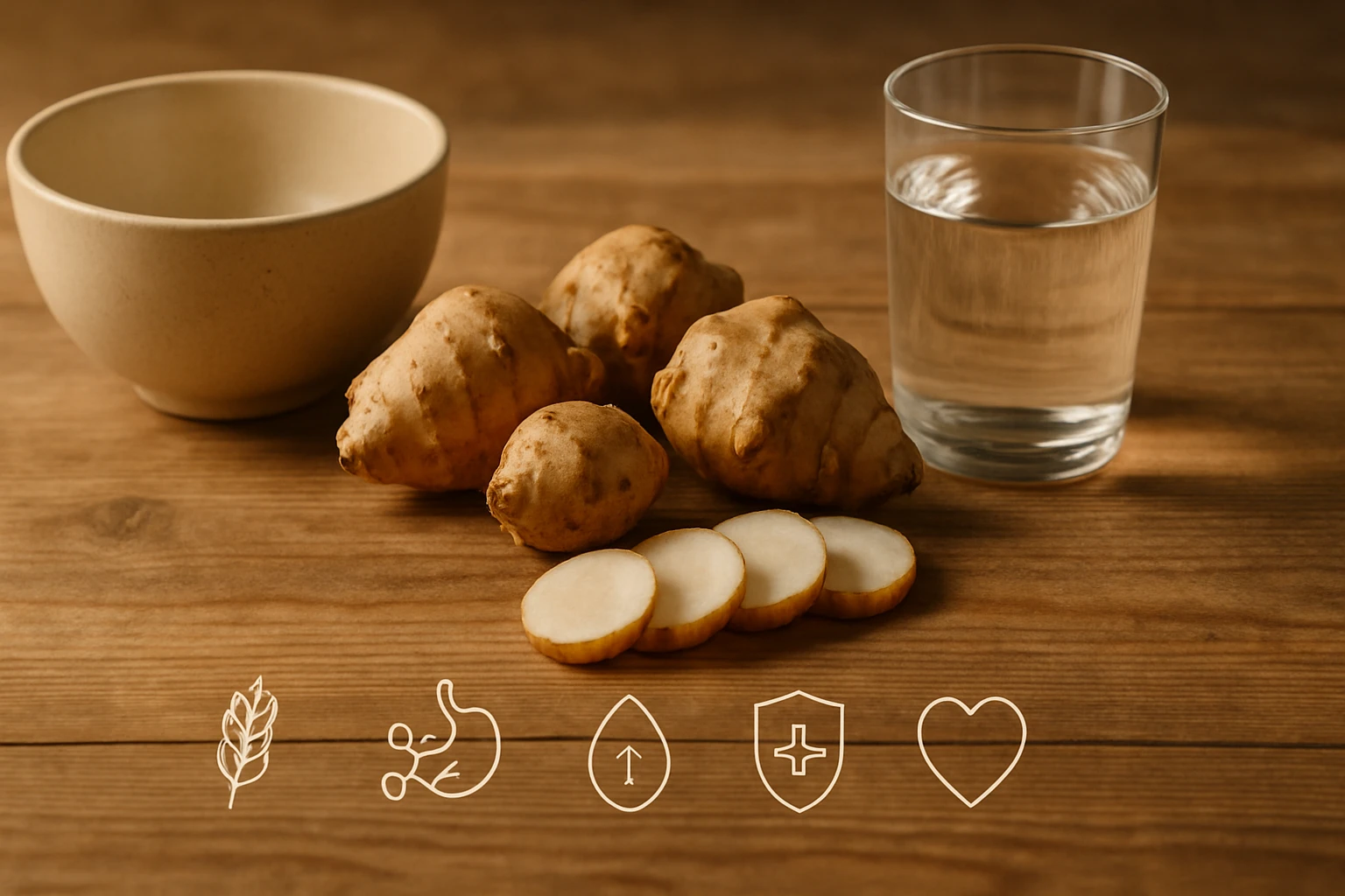 Egy tál, víz és földiepergyökér szeletek egy fából készült asztalon.