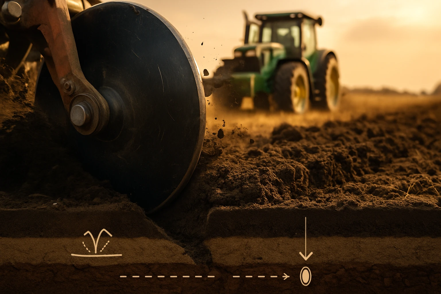 Egy traktor földet művel, a háttérben naplemente látható.