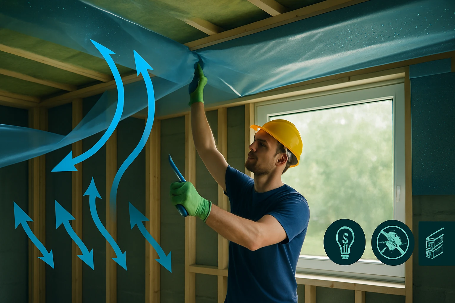 Egy munkás kék fóliát rögzít a falra, miközben zöld kesztyűt visel és sárga sisakot.