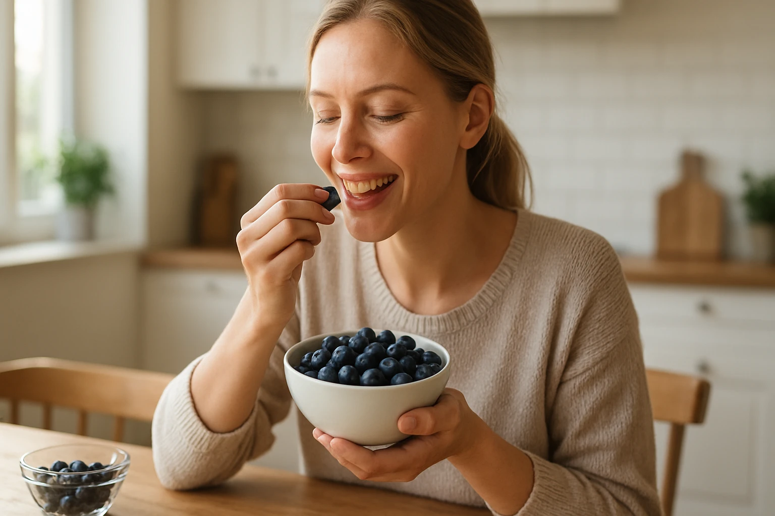 Egy nő boldogan eszik áfonyát egy tálból, miközben a konyhában ül.