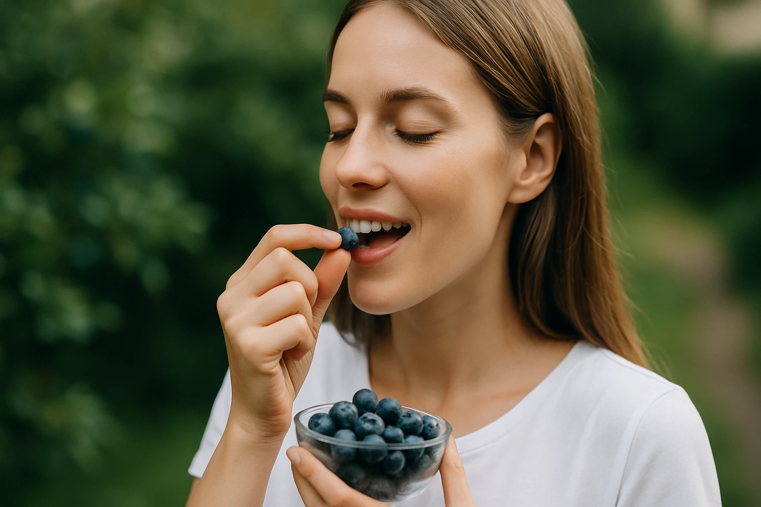 Egy fiatal nő éppen áfonyát eszik, miközben egy tálban tartja a gyümölcsöt.