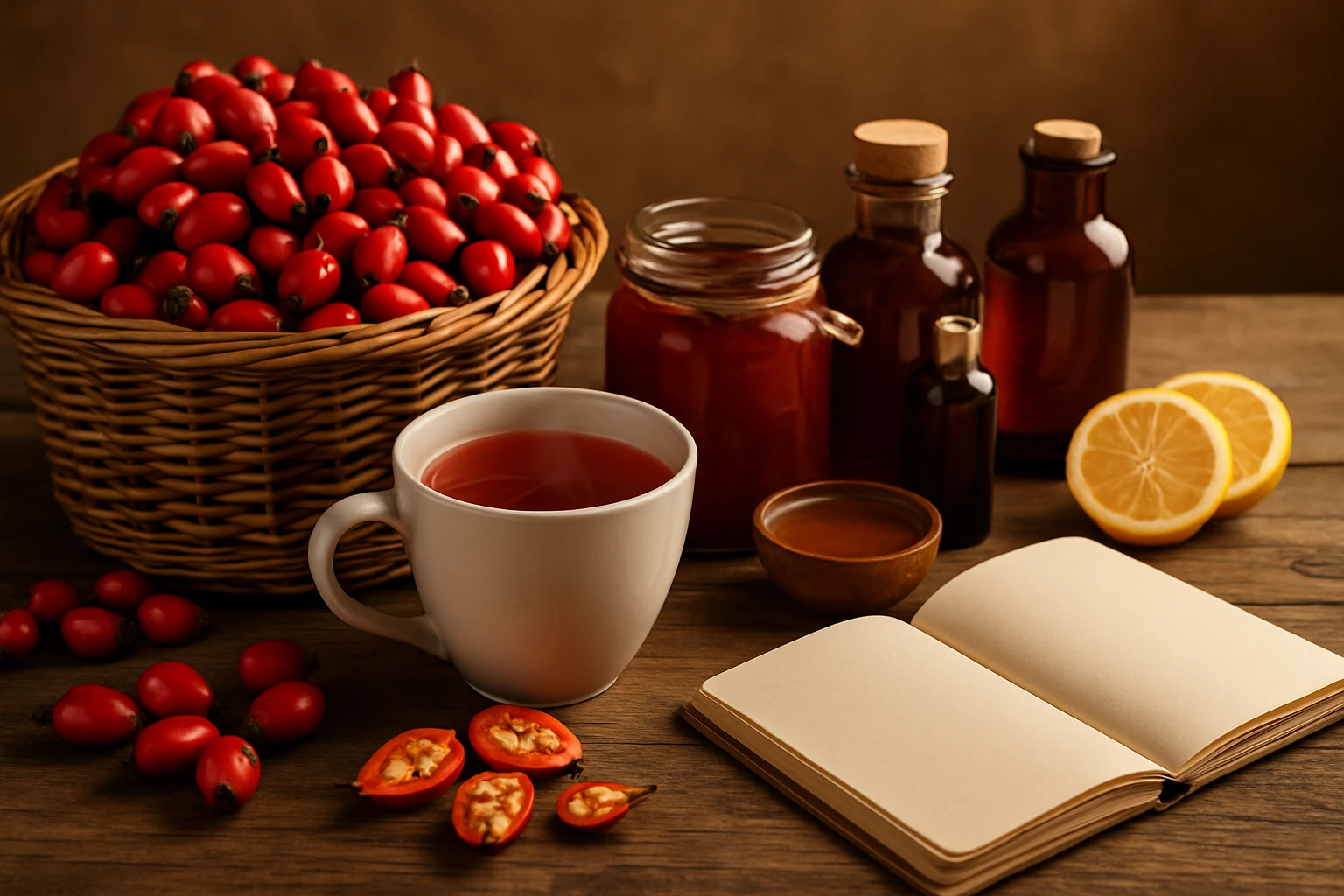 Egy kosár piros csipkebogyó, egy bögre csipkebogyó tea, citromszeletek és üvegek különböző folyadékokkal.