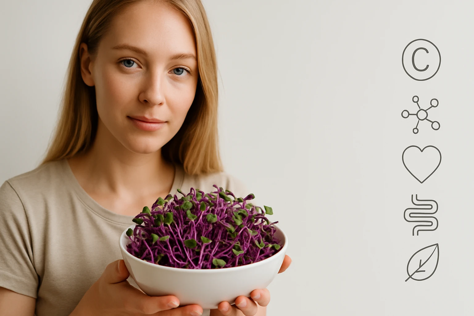 Egy fiatal nő egy fehér tálban friss, lila csírákat tart a kezében.