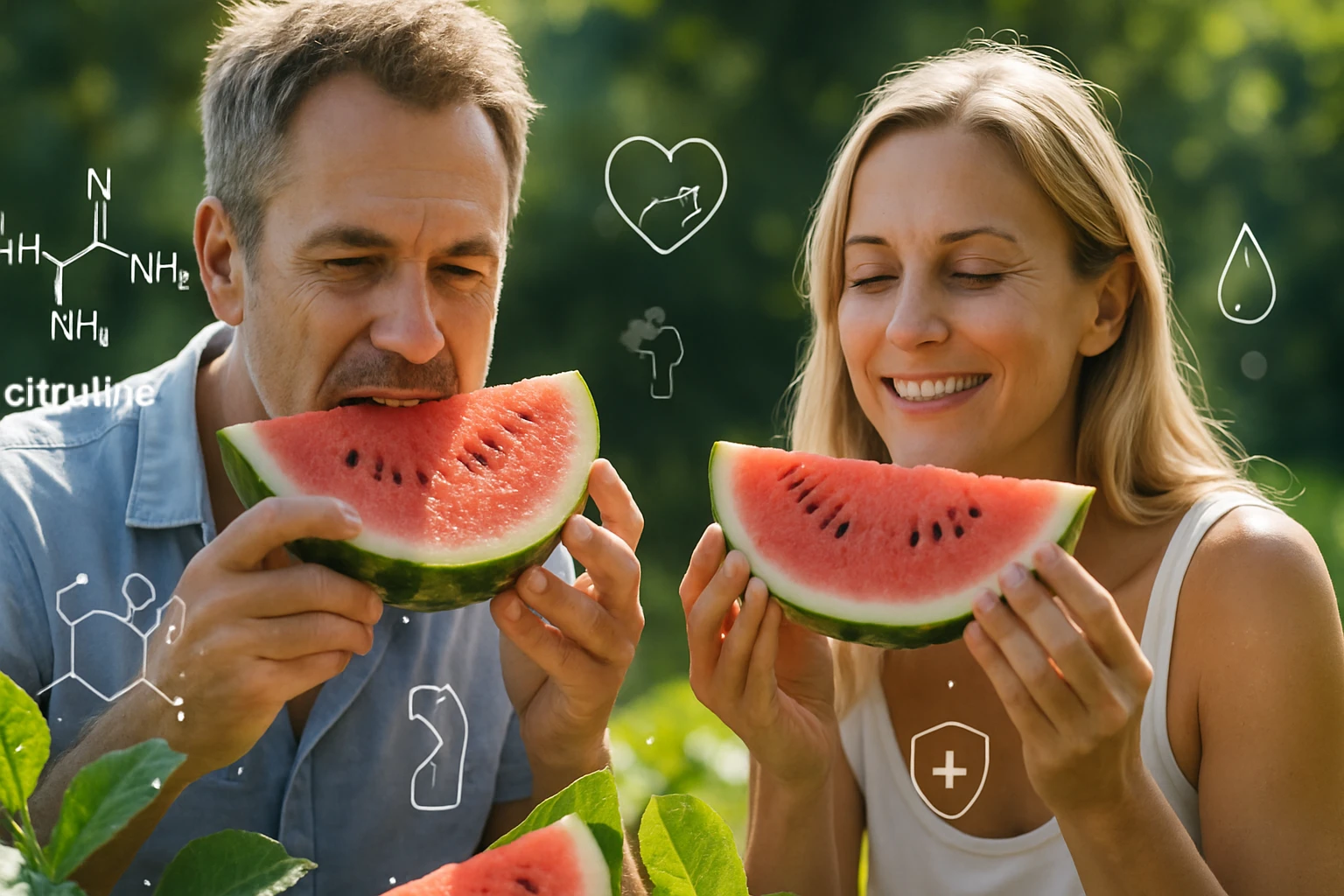 Két ember, egy férfi és egy nő, friss dinnyeszeleteket tartanak a kezükben, mosolyognak.