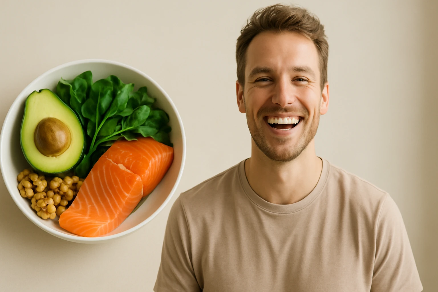 Egy fiatal férfi mosolyog, mellette friss zöldségek és lazac látható egy tálban.