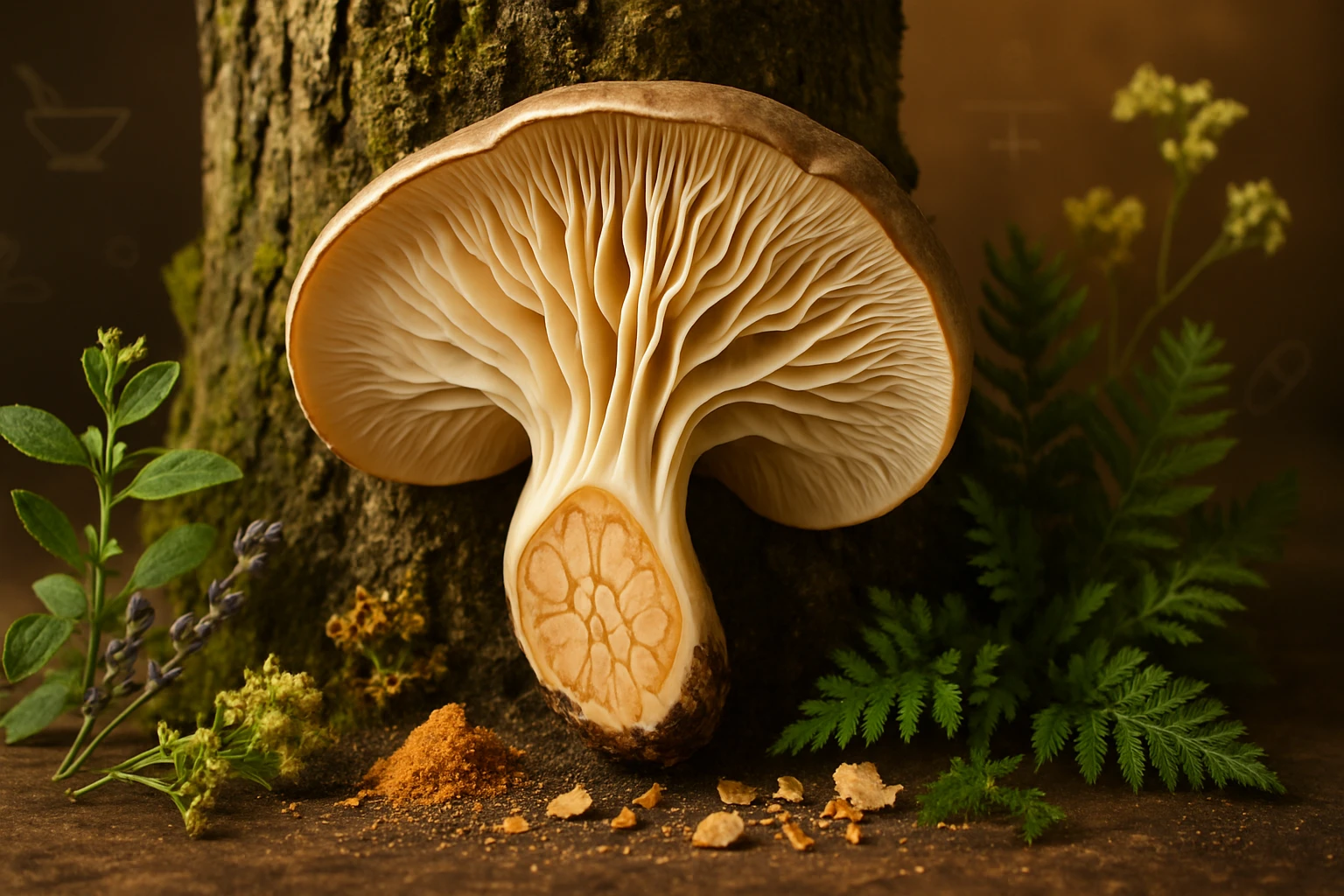 Egy friss gomba látható, amely egy fán nő, körülötte zöld növényekkel.