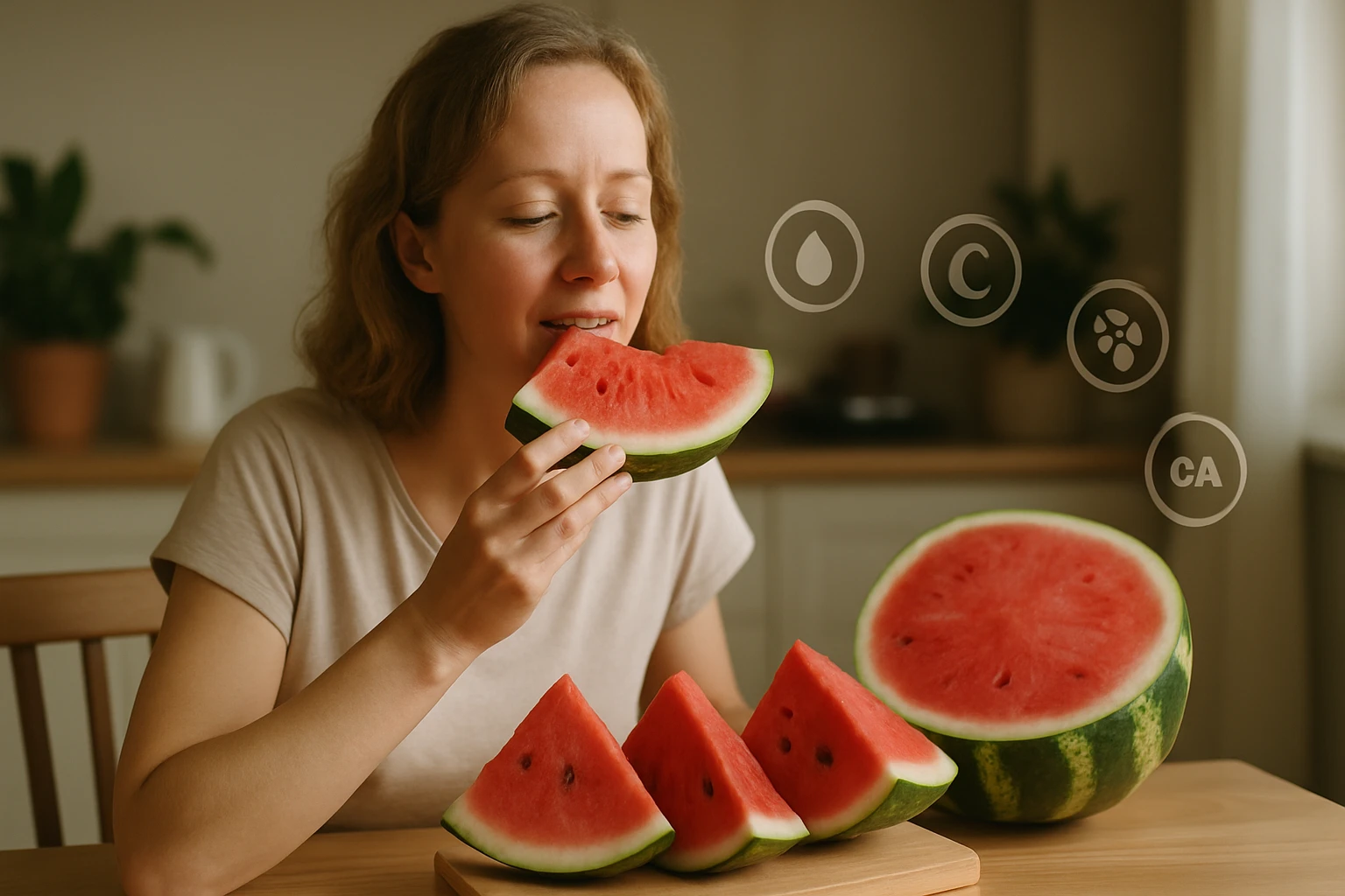 Egy nő élvezi a friss görögdinnyét, miközben szeleteket tart a kezében.