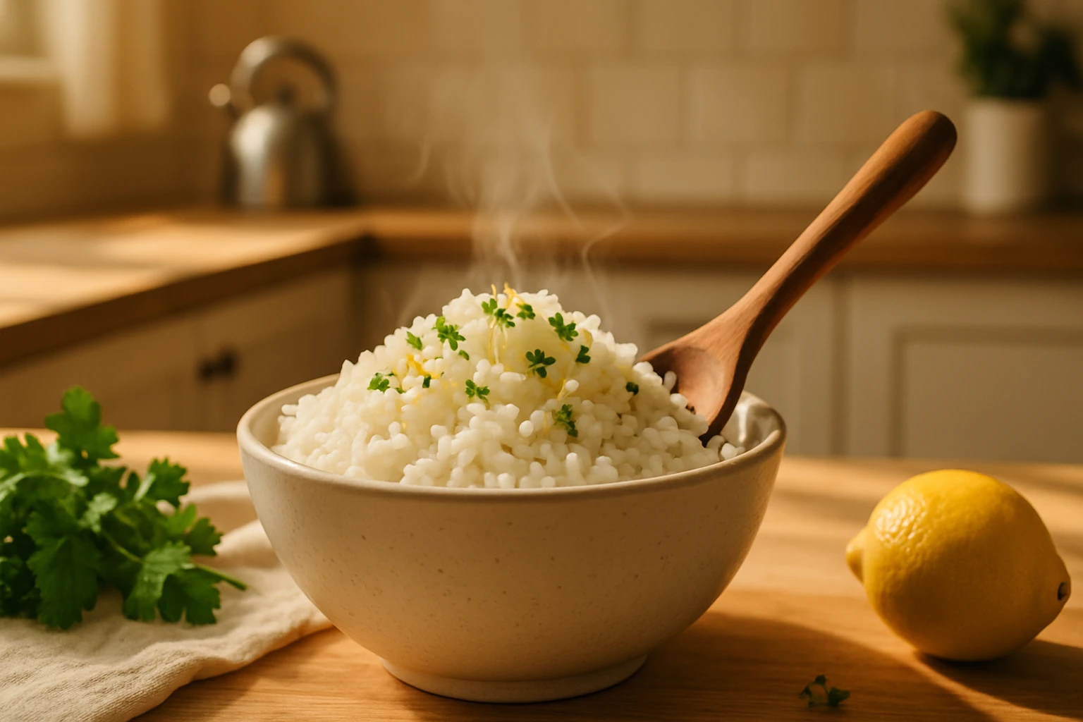 Gőzölgő, frissen főtt rizs egy fehér tálban, friss petrezselyemmel díszítve.