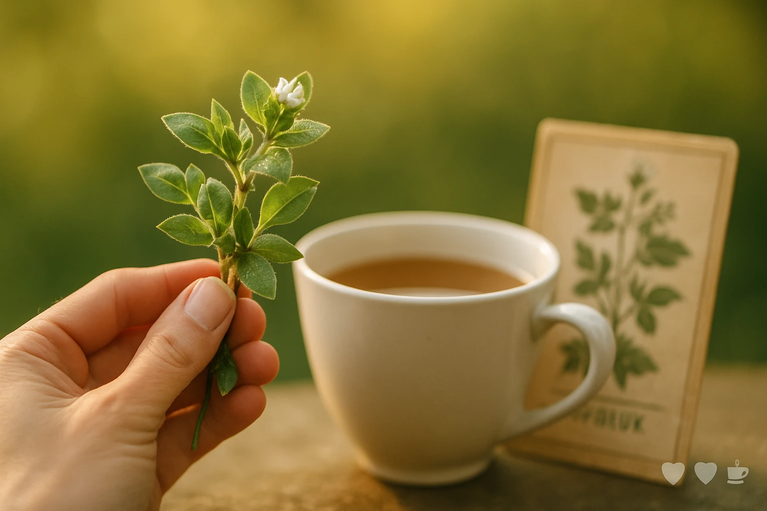 Egy kéz friss gyógynövényt tart, mellette egy csésze tea és egy gyógynövényekről szóló kártya látható.
