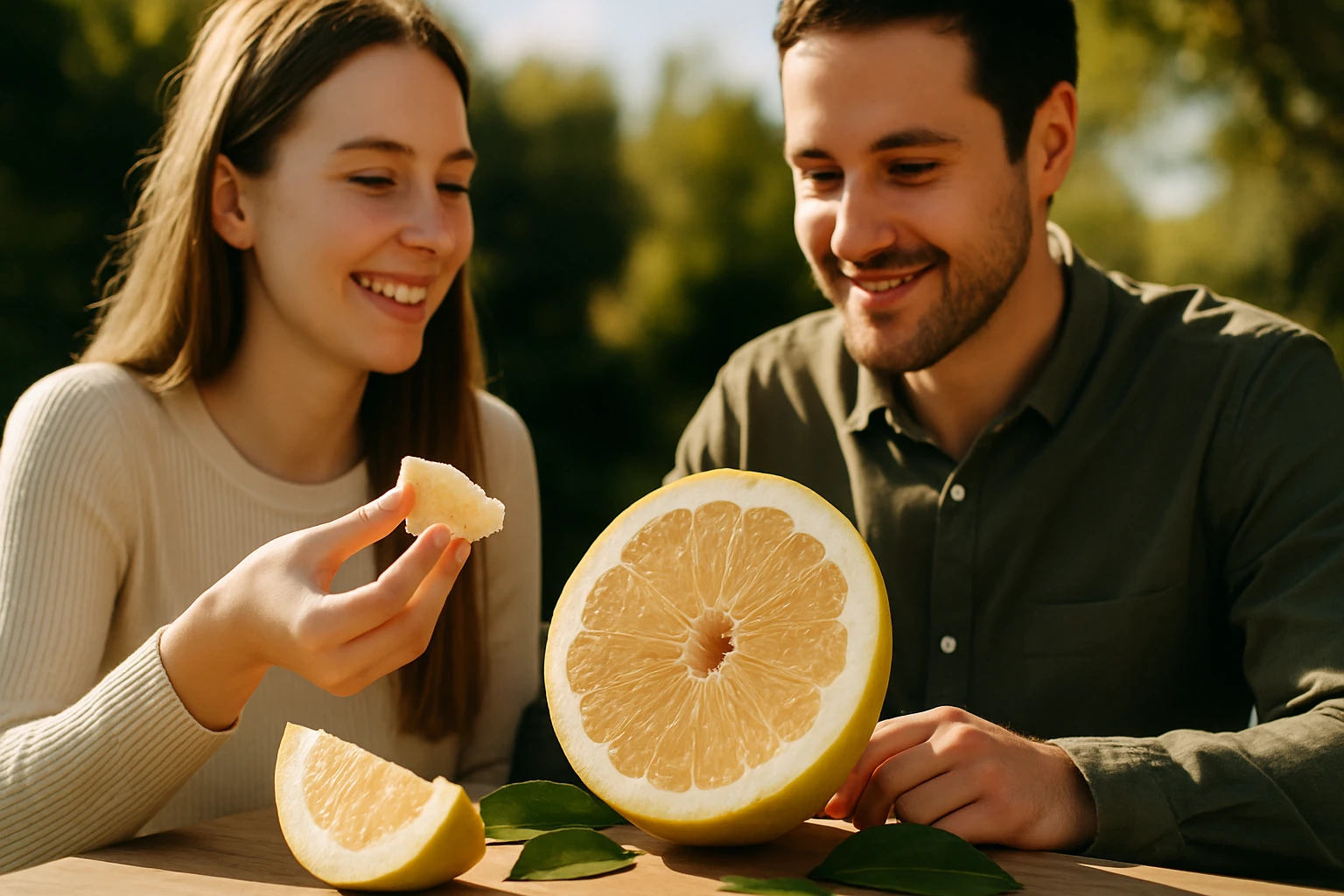 Egy fiatal pár élvezi a friss gyümölcsöt, miközben egy nagy citromot néznek.