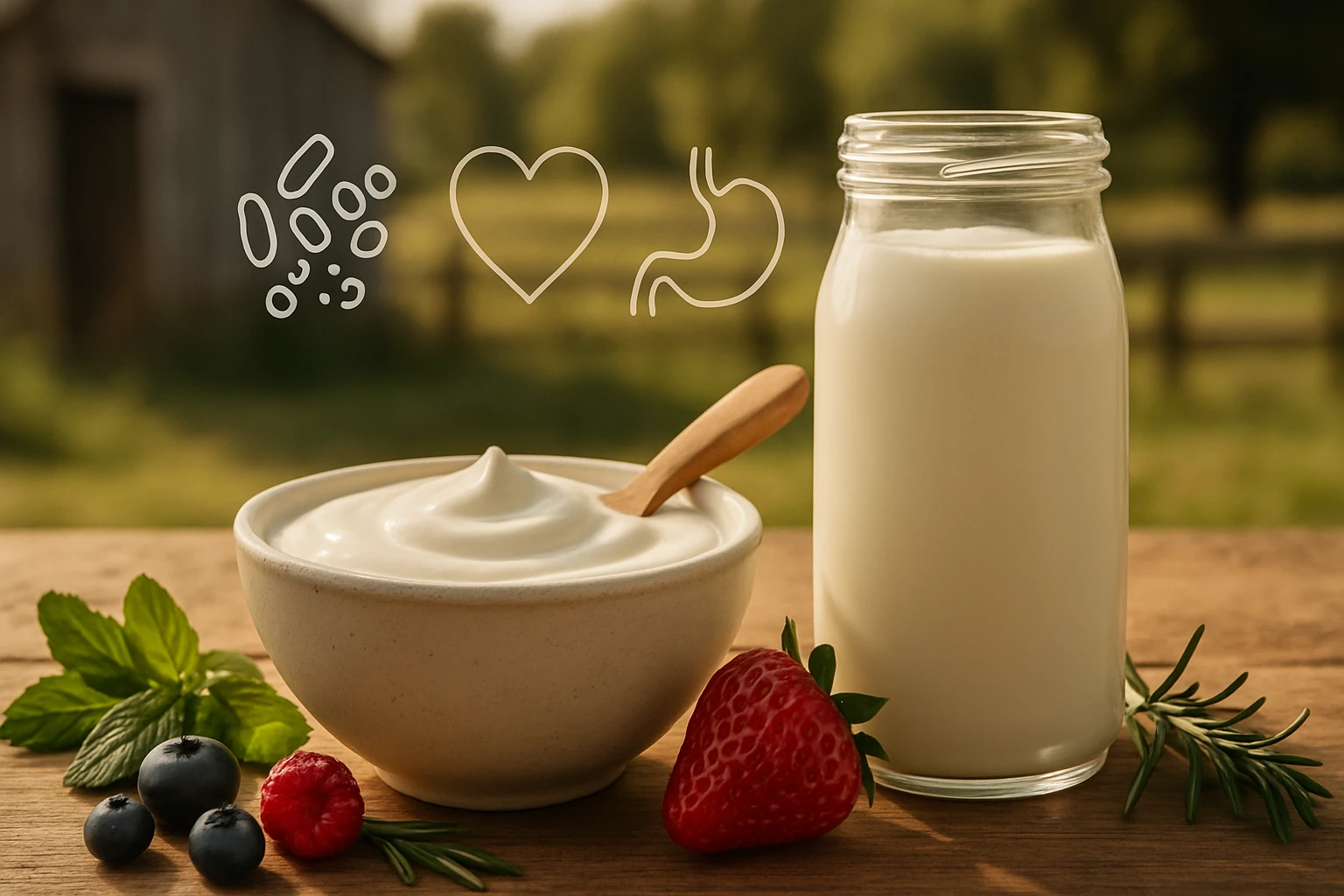 Egy tál joghurt, friss gyümölcsök és egy üveg tej a fűben, egészséges életmódot szimbolizálva.