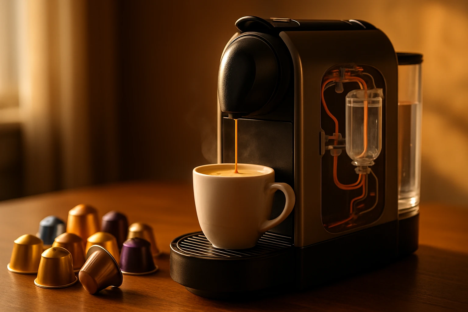 Egy kávéfőzőből frissen készített kávé csorog egy fehér bögre fölé, mellette színes kávékapszulák.