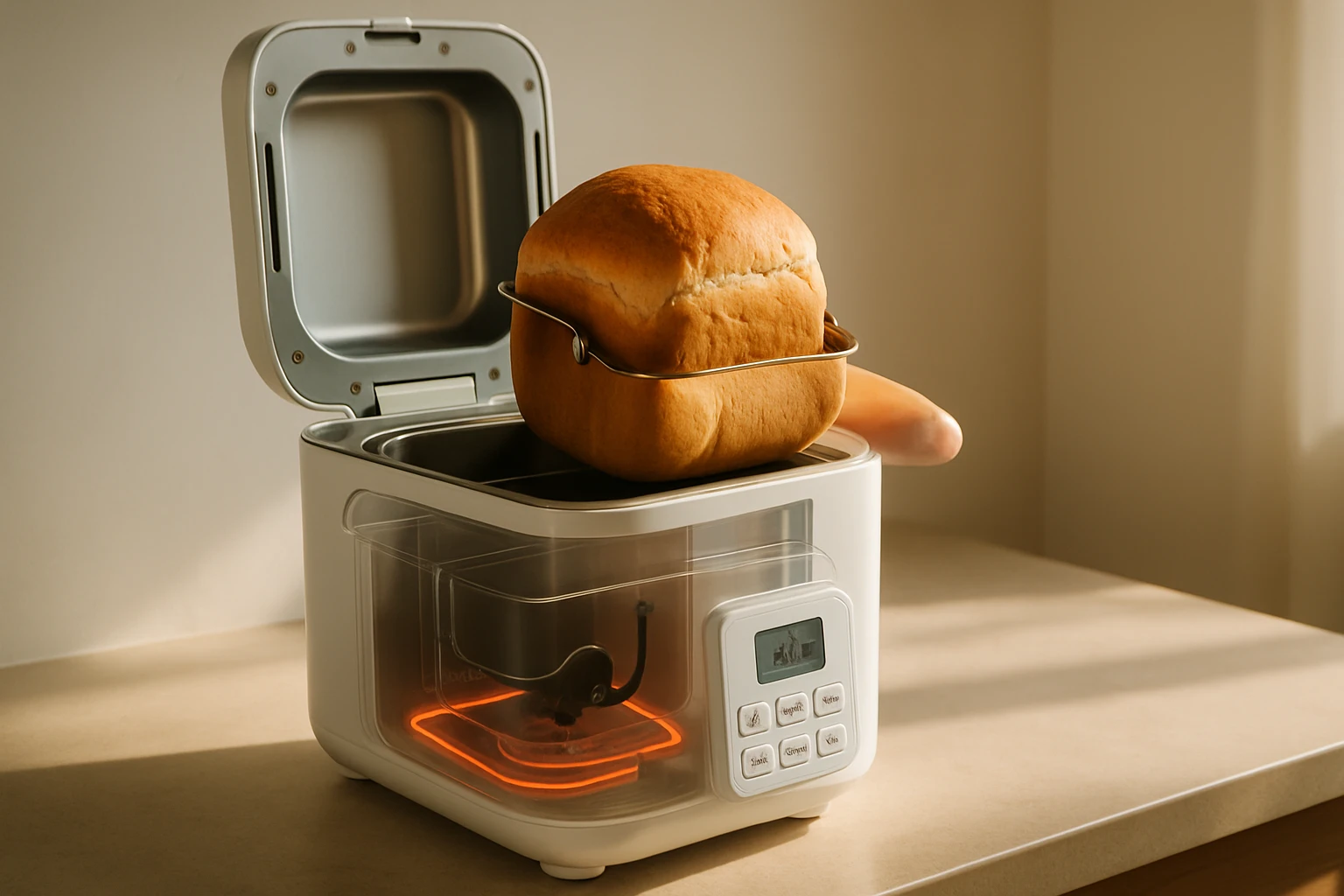 Frissen sült kenyér egy kenyérsütő gépben, amely nyitva van.