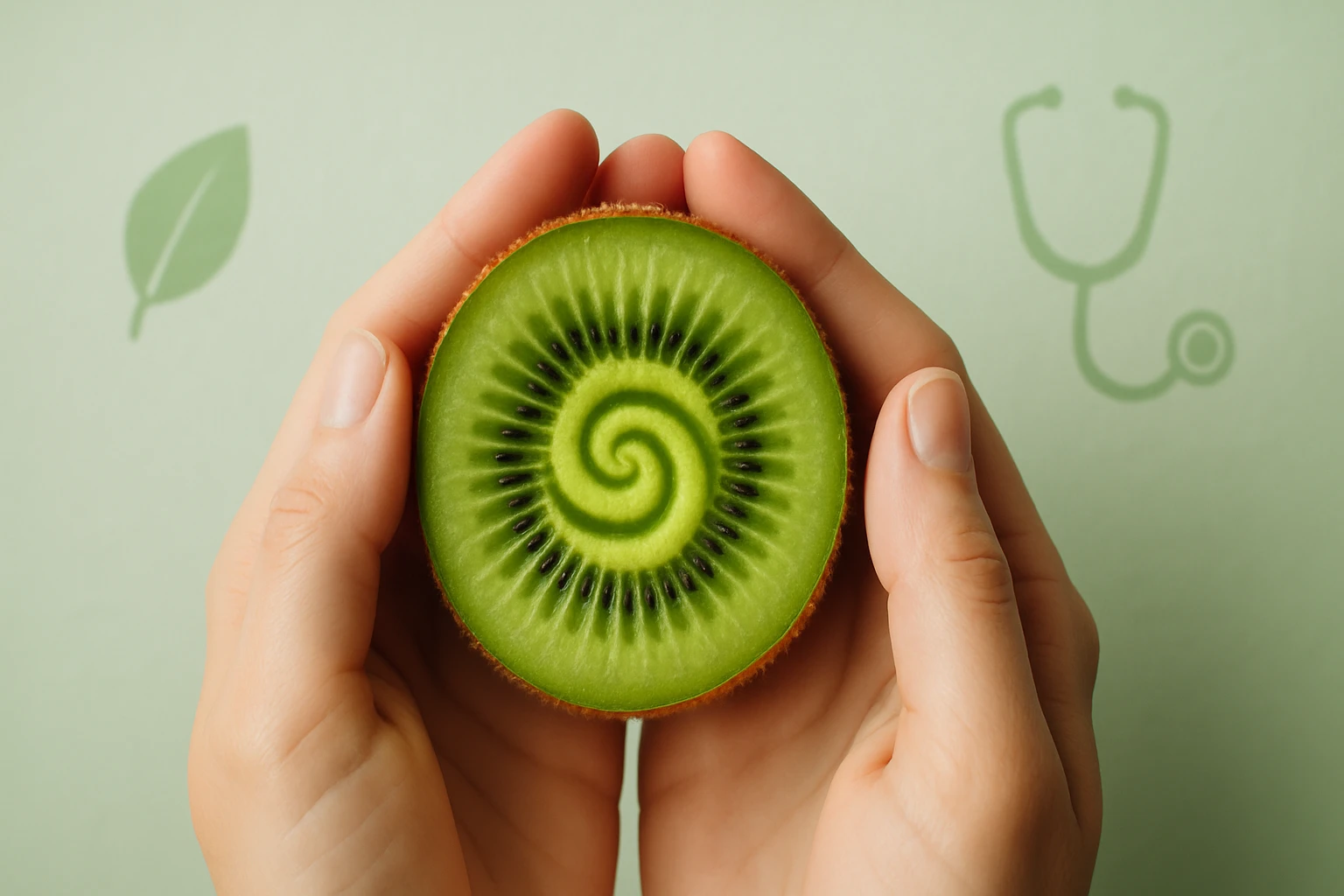 Két kézben tartott, félbevágott kiwi, zöld spirálos mintázattal.