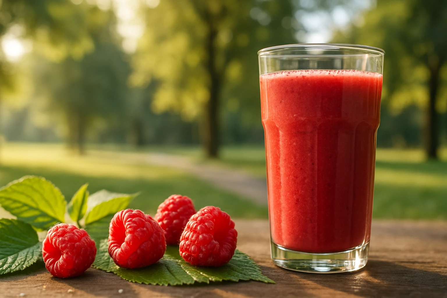 Egy pohár friss málna turmix, mellette néhány málna és zöld levél.