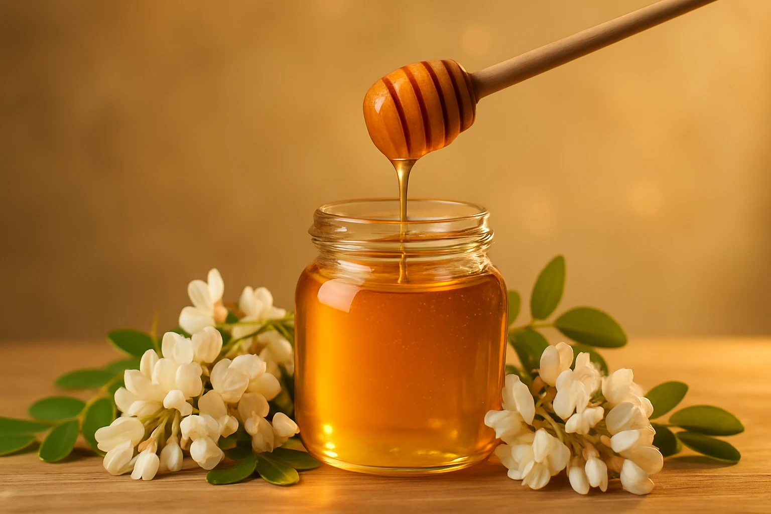 Egy üveg méz, amelyből mézeskalács kanállal csöpög, fehér virágokkal körülvéve.