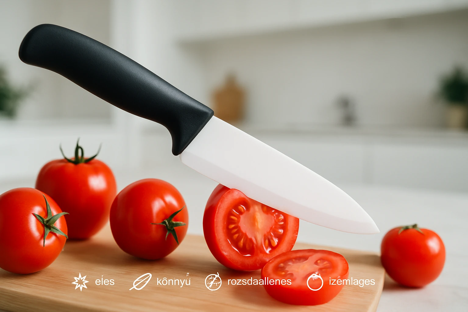 Egy éles, fehér kés szeletel egy piros paradicsomot, körülötte friss paradicsomok.
