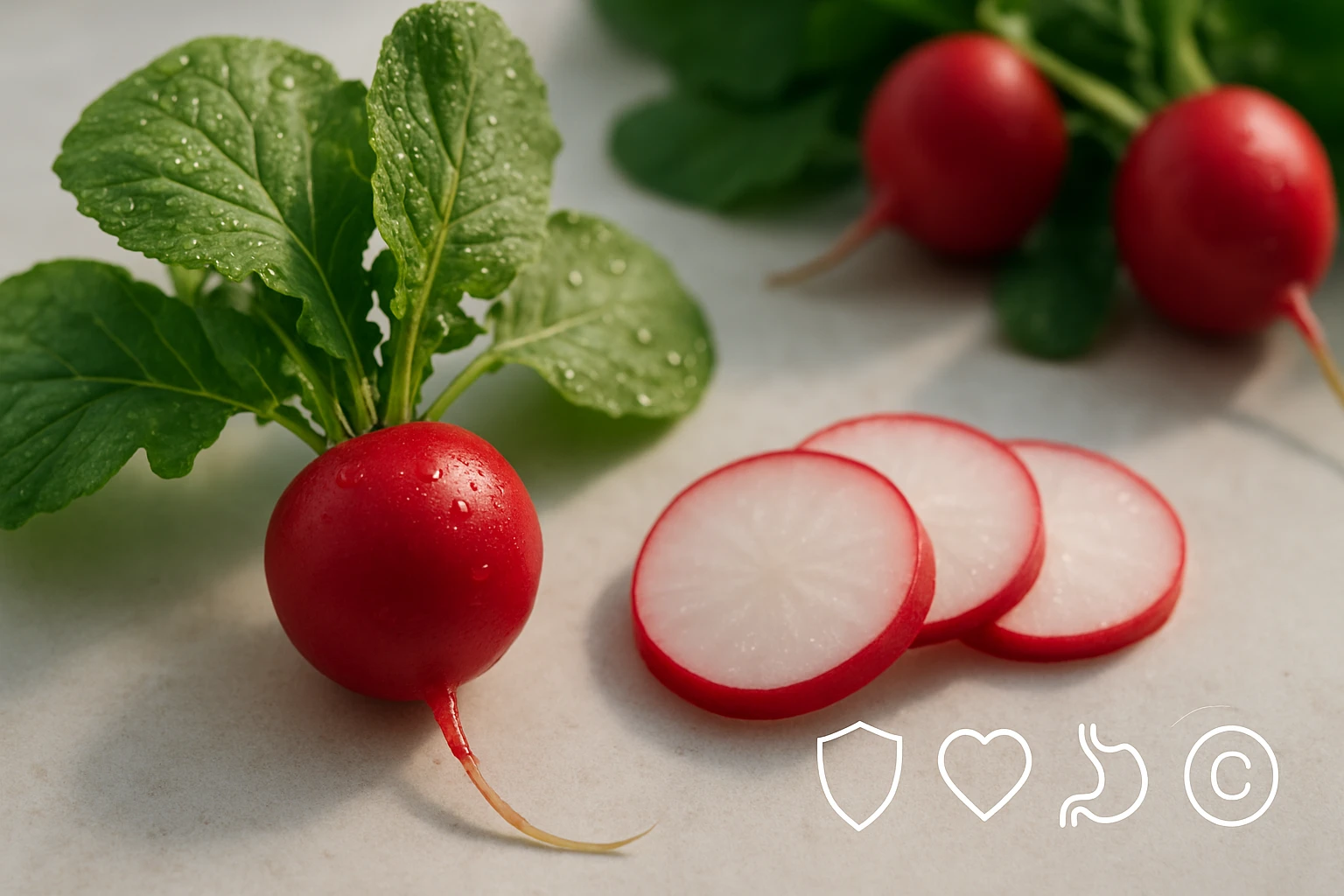 Friss, piros retek zöld levelekkel, mellette felvágott retekkarikák.