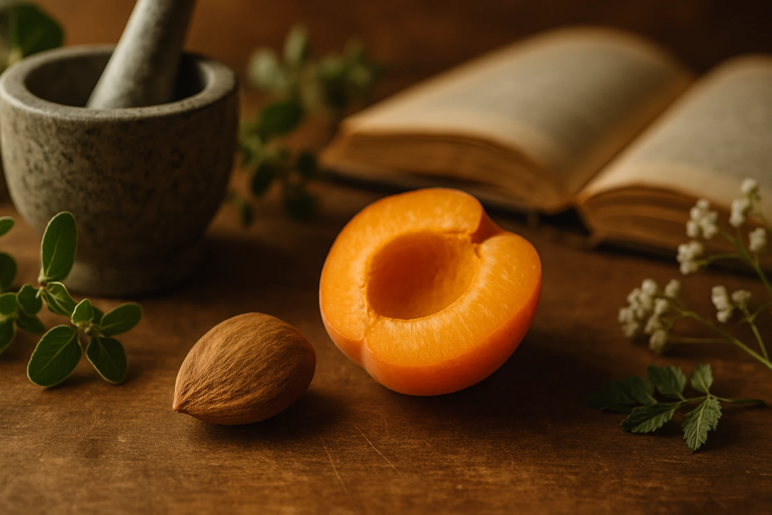 Egy fél sárgabarack, mellette egy sárgabarack mag és friss fűszernövények egy faasztalon.