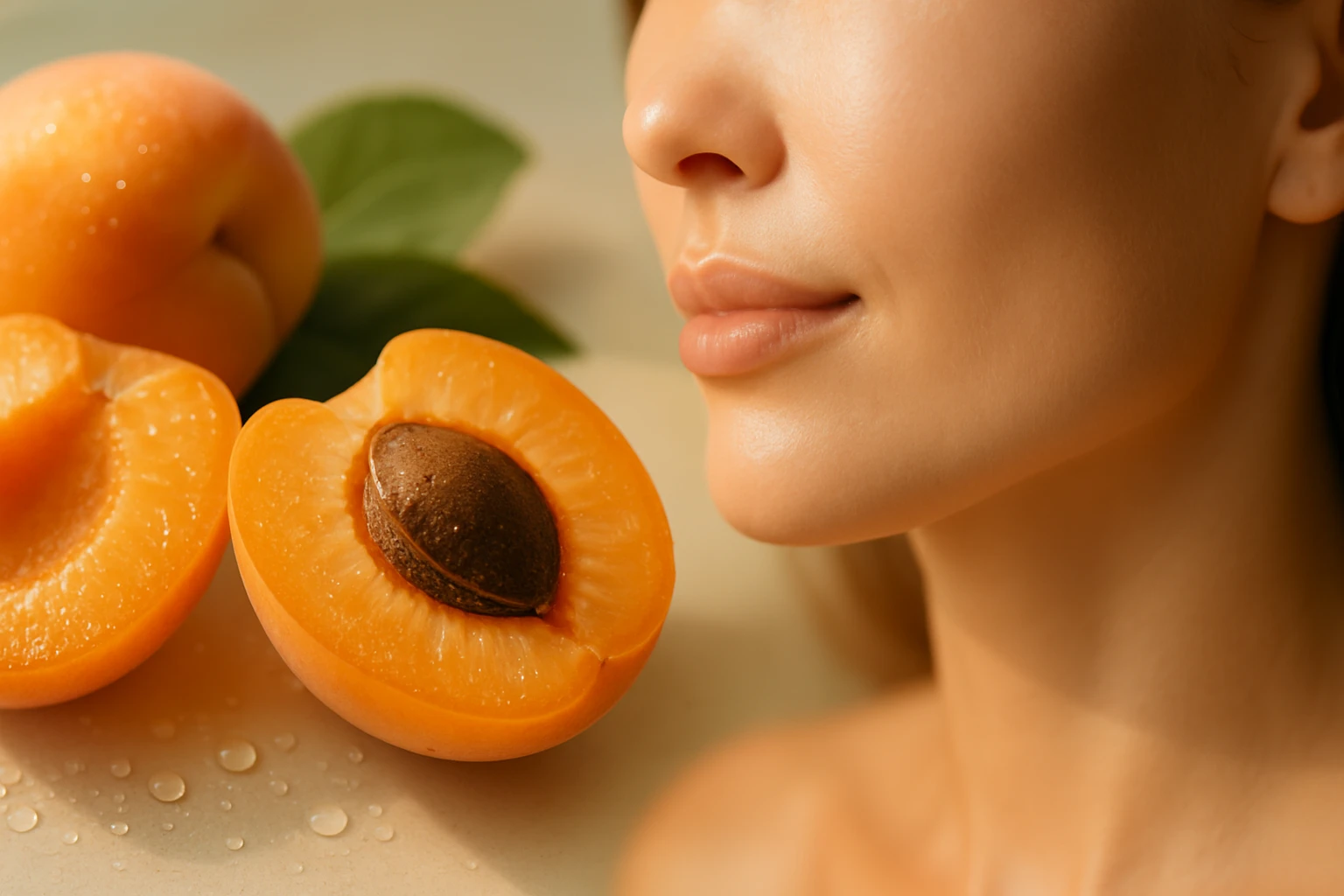 Egy nő arca látható, mellette friss, félbevágott sárgabarackok és zöld levél.