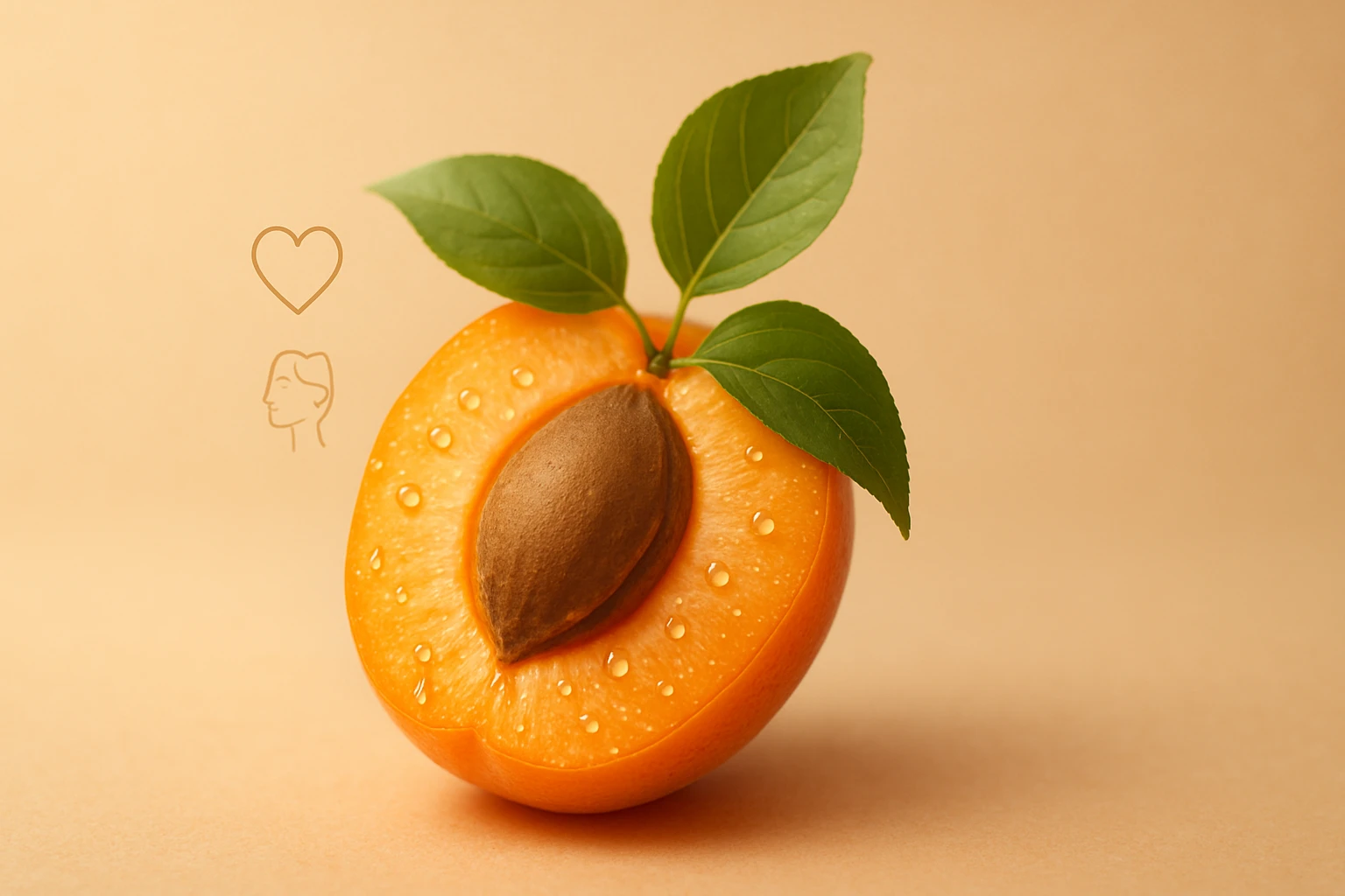 Egy félbevágott, lédús sárgabarack, zöld levelekkel, vízcseppekkel a felületén.