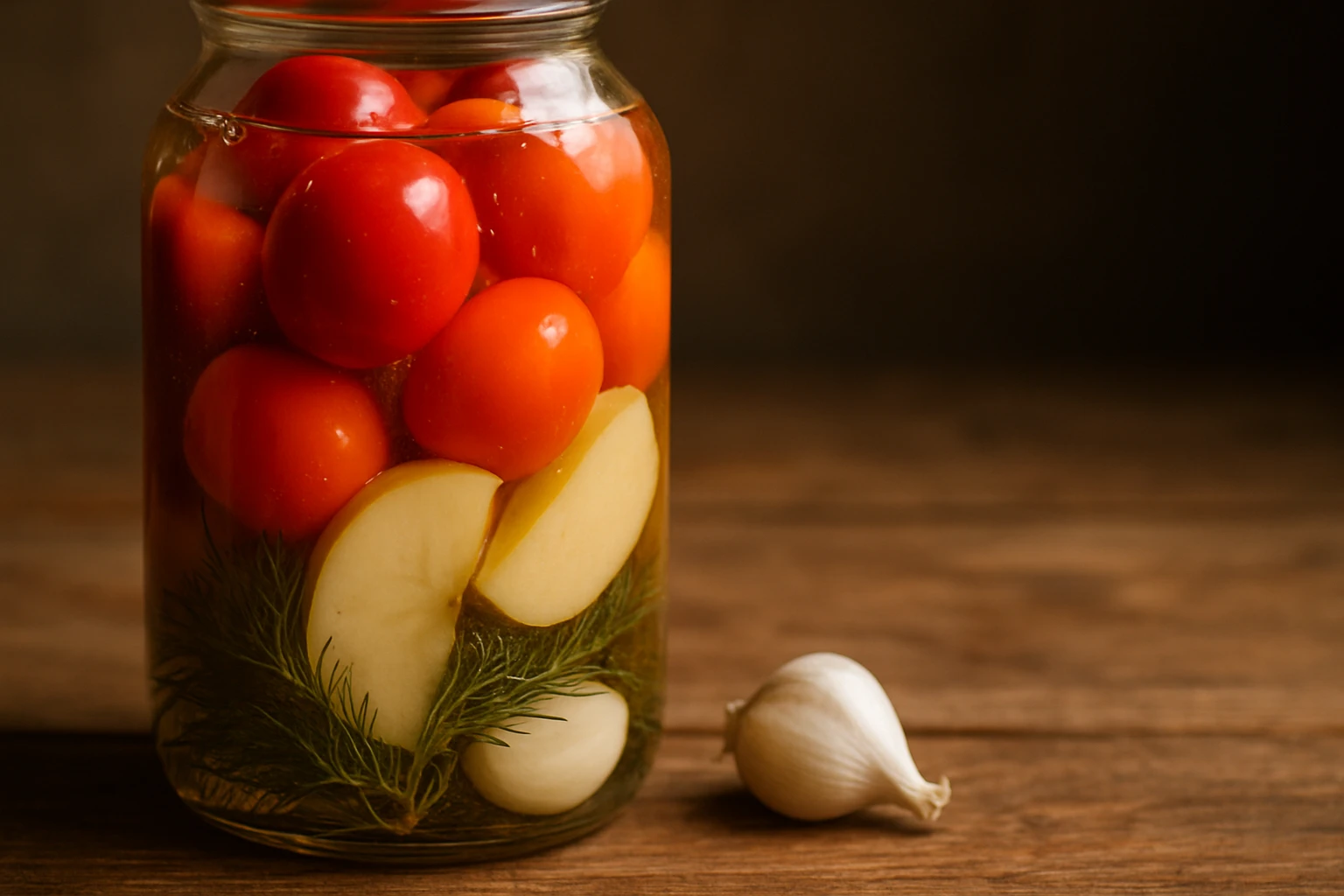 Egy üvegben elhelyezett piros paradicsomok, alma szeletek és fokhagymagerezdek láthatók.