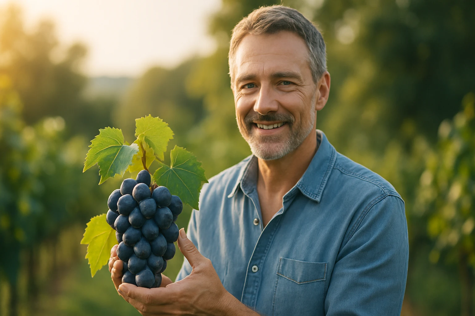 Egy férfi mosolyogva tart a kezében egy fürt érett szőlőt a szőlőültetvényen.