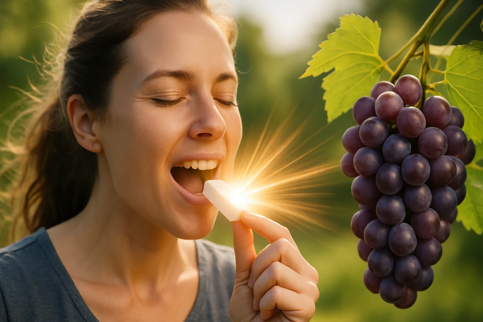 Egy nő élvezettel kóstol egy fehér szőlőszemet a szőlőültetvényben.