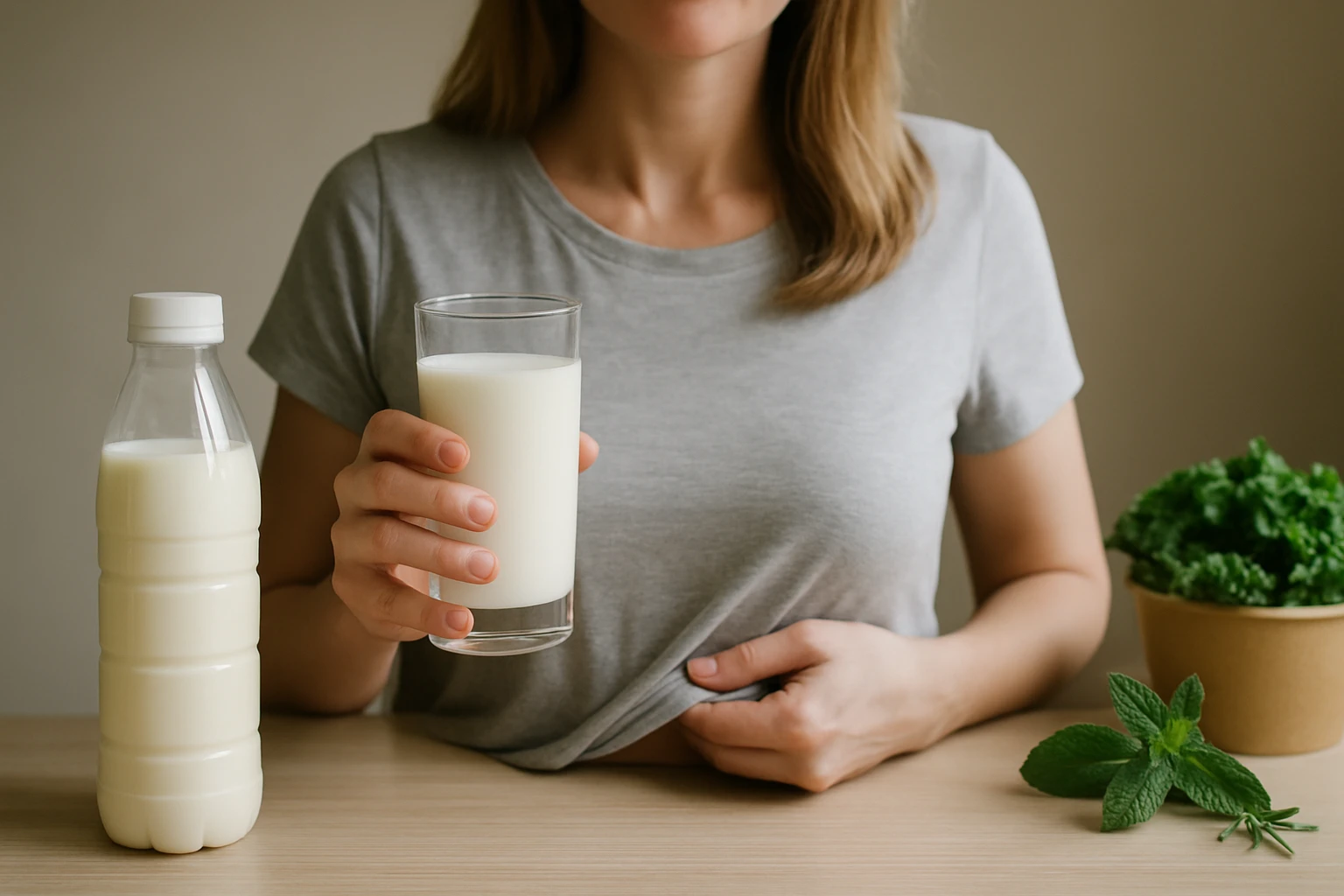 Egy nő egy pohár tejet tart a kezében, mellette egy üveg tej és friss zöldfűszerek.