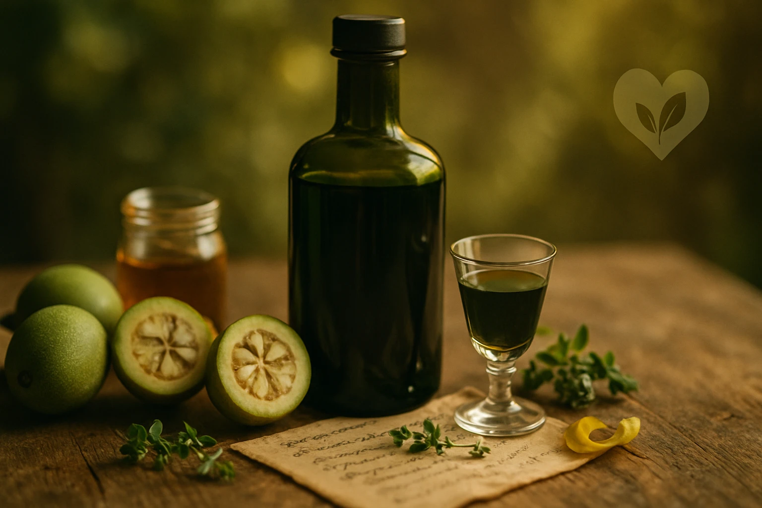 Egy üveg zöld olaj, pohárban, friss gyümölcsökkel és fűszerekkel az asztalon.