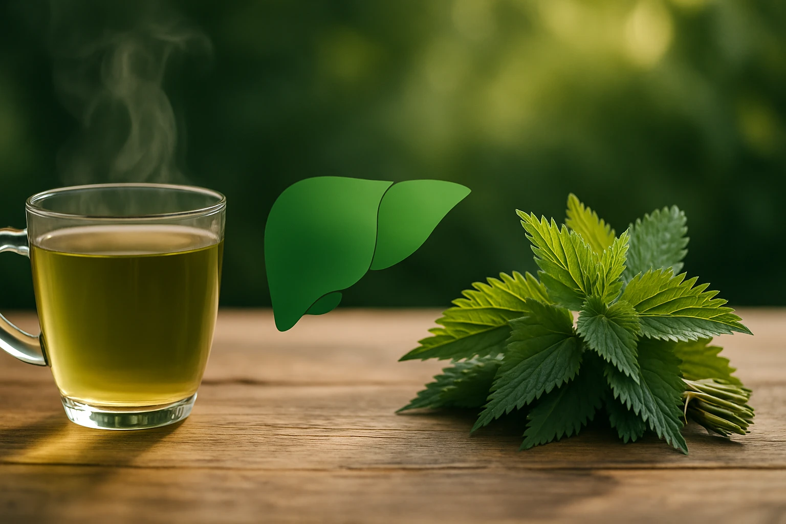 Egy gőzölgő zöld tea a fából készült asztalon, mellette friss csalánlevelek.