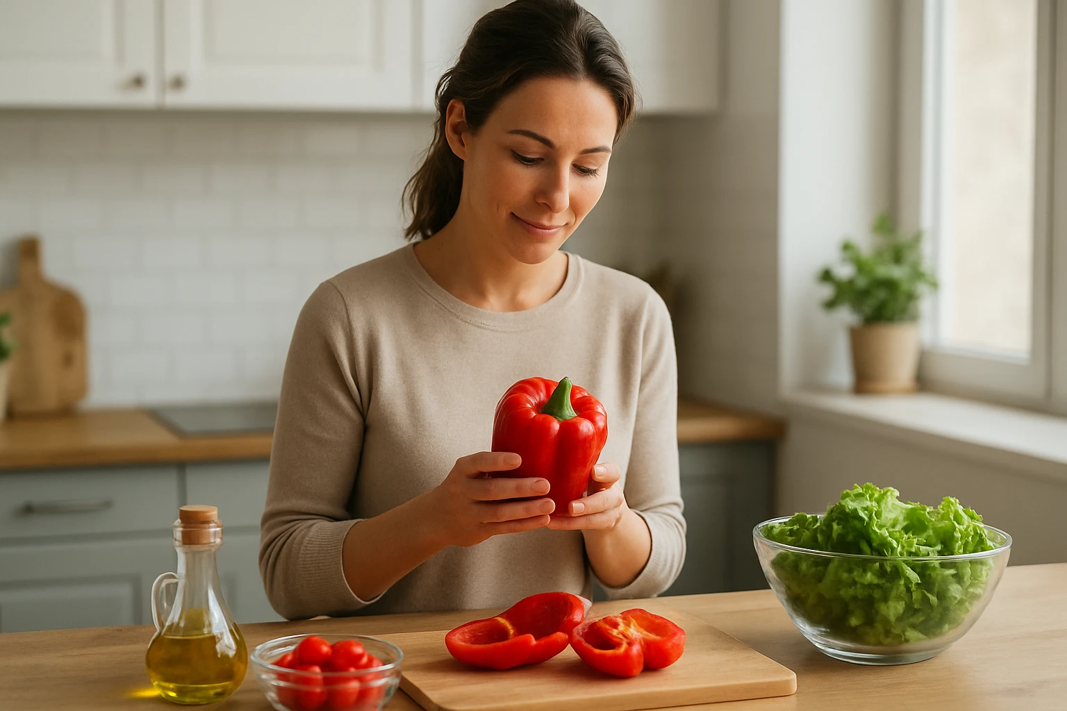 Egy nő piros kaliforniai paprikát tart a kezében, miközben a konyhában áll.
