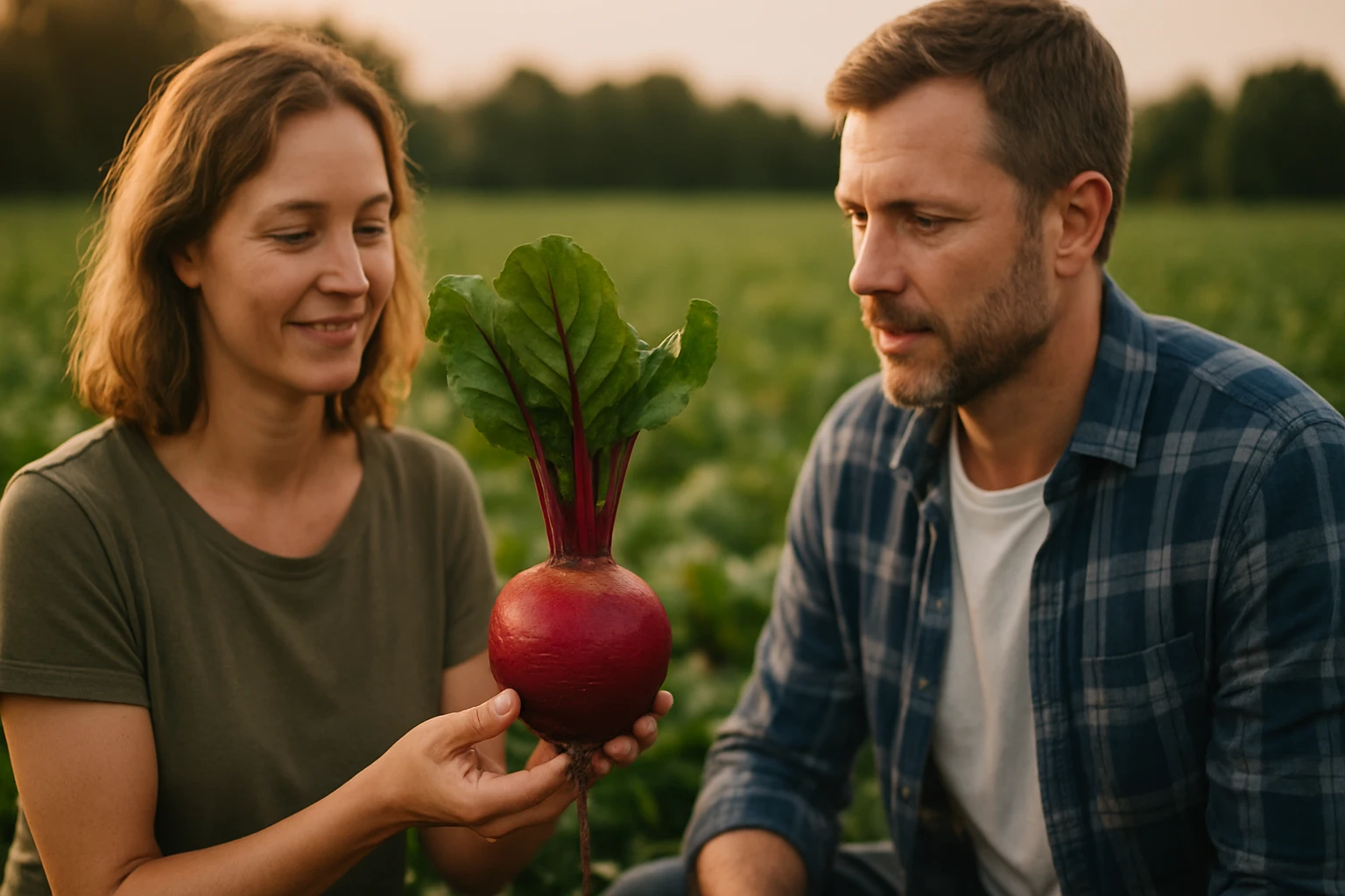 Egy nő és egy férfi a mezőn egy nagy céklát néznek, mosolyogva.