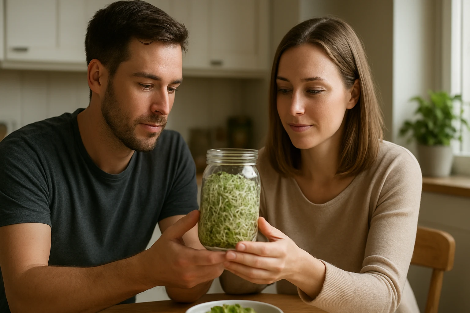Egy férfi és egy nő közösen nézik a zöldségeket tartalmazó üveget az asztalon.