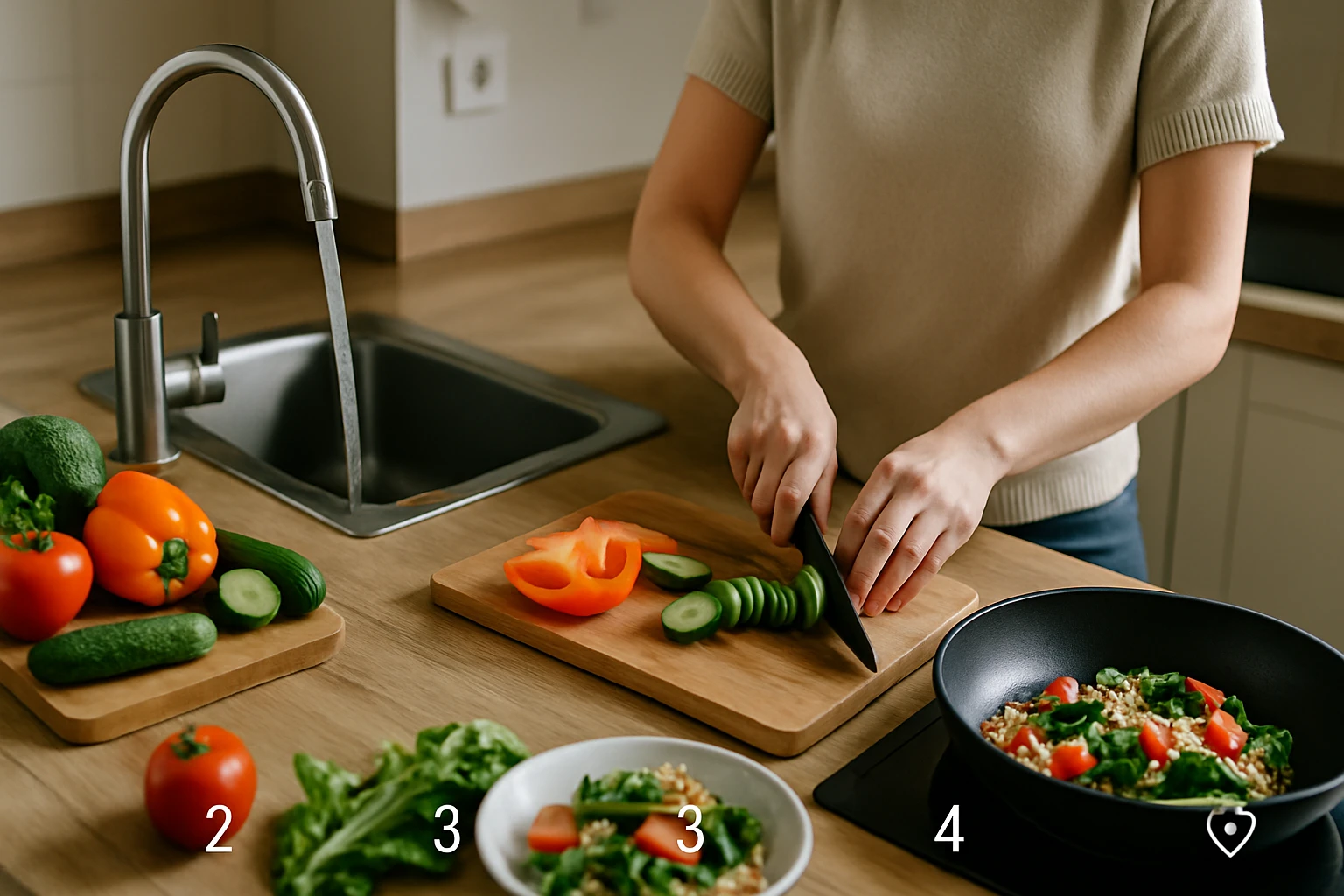 Egy nő zöldségeket szeletel egy vágódeszkán, miközben salátát készít.