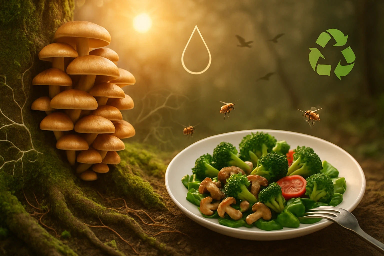 Egy tányér friss brokkoli és gomba, mellette fák és napfény a háttérben.