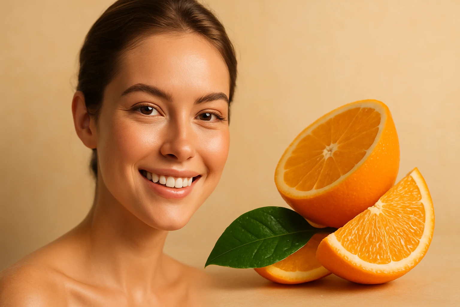 Egy fiatal nő mosolyog, mellette friss narancsok és narancsszeletek láthatók.