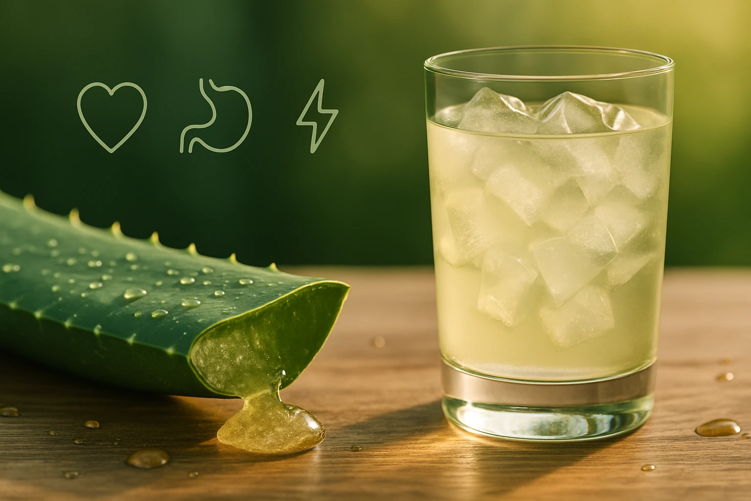 Egy aloe vera levél, amelyből gél csepeg, mellette egy jéggel teli pohár aloe ital.