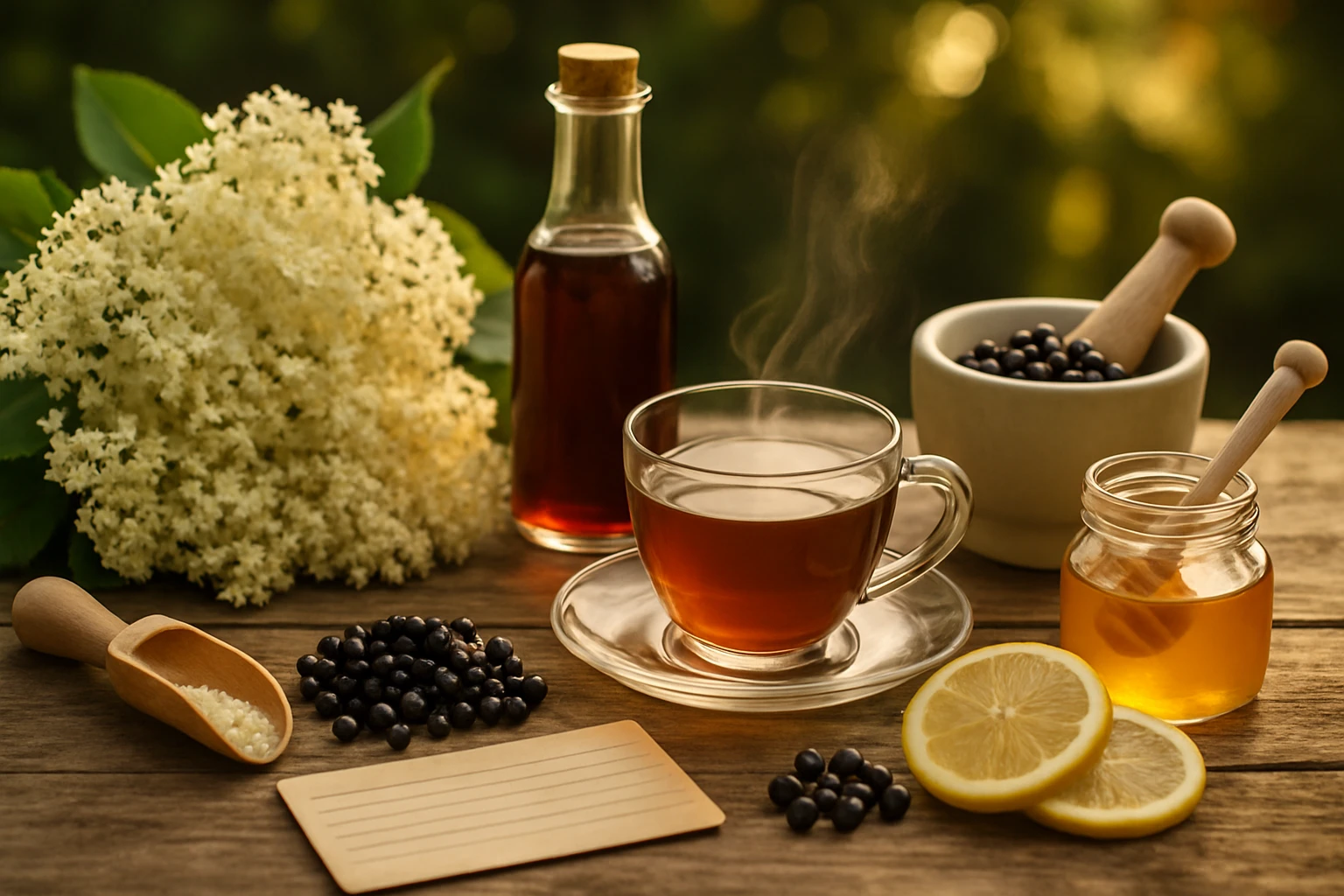 Elderflower tea with honey, lemon slices, and black currants on a wooden table.