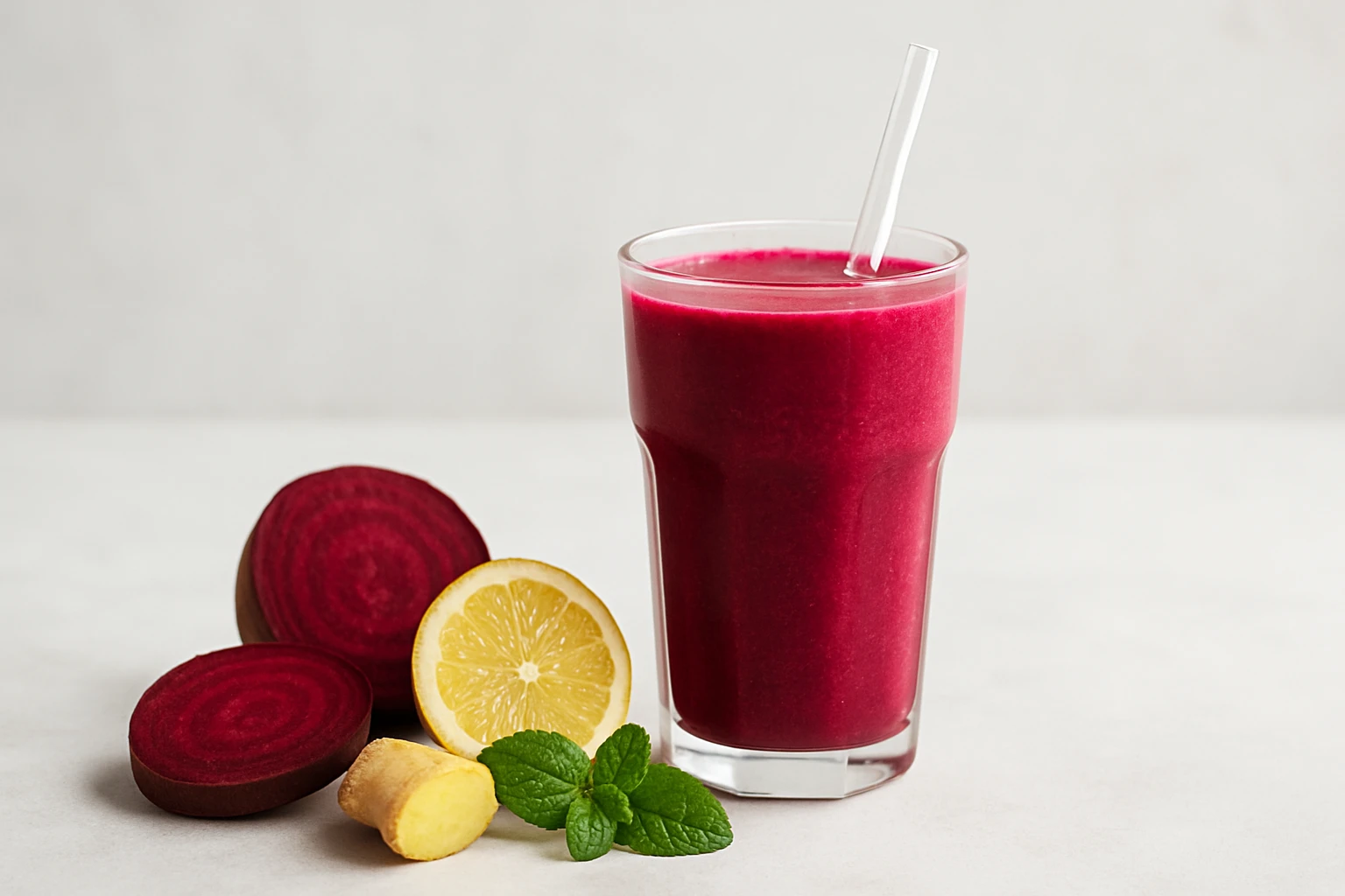 Egy pohár friss céklás smoothie, mellette citrom, gyömbér és mentalevél.