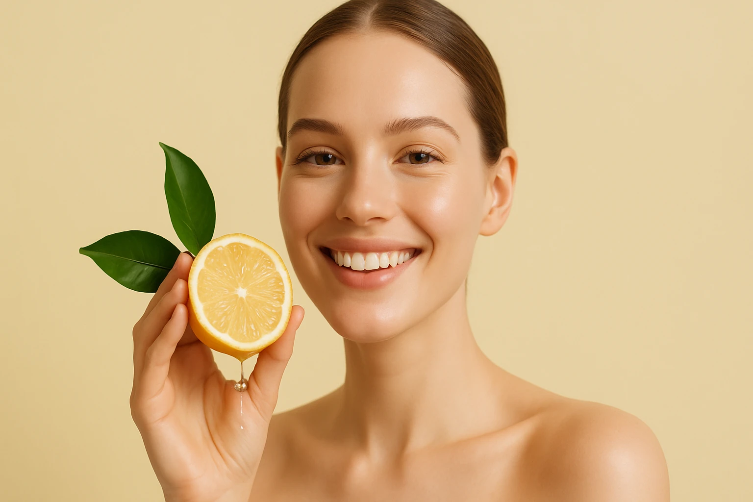 Egy fiatal nő mosolyogva tart egy fél citromot, mellette zöld levelek láthatók.