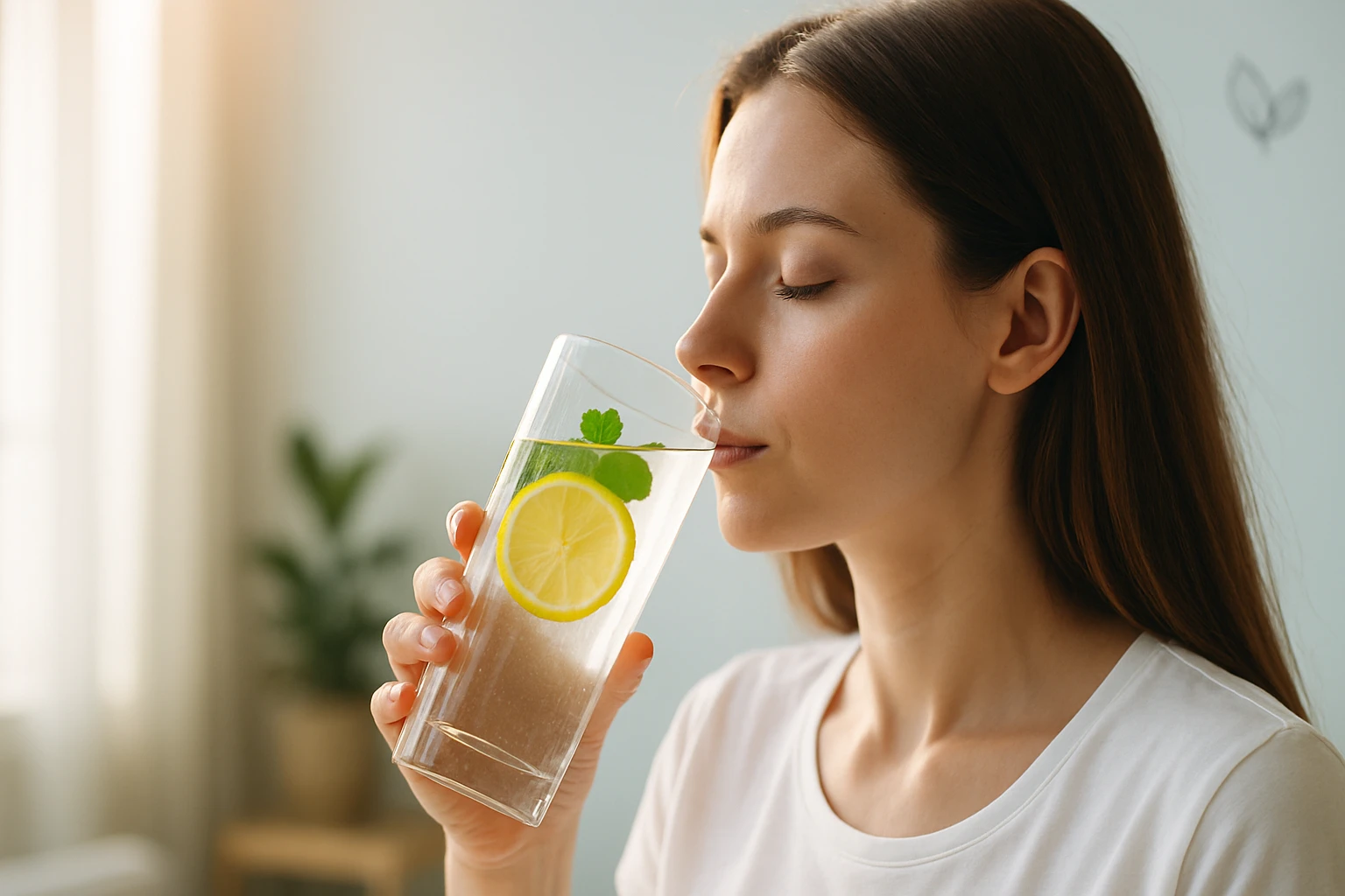 Egy fiatal nő citromos, mentás vizet iszik egy pohárból, szemét lehunyva élvezi az ízt.