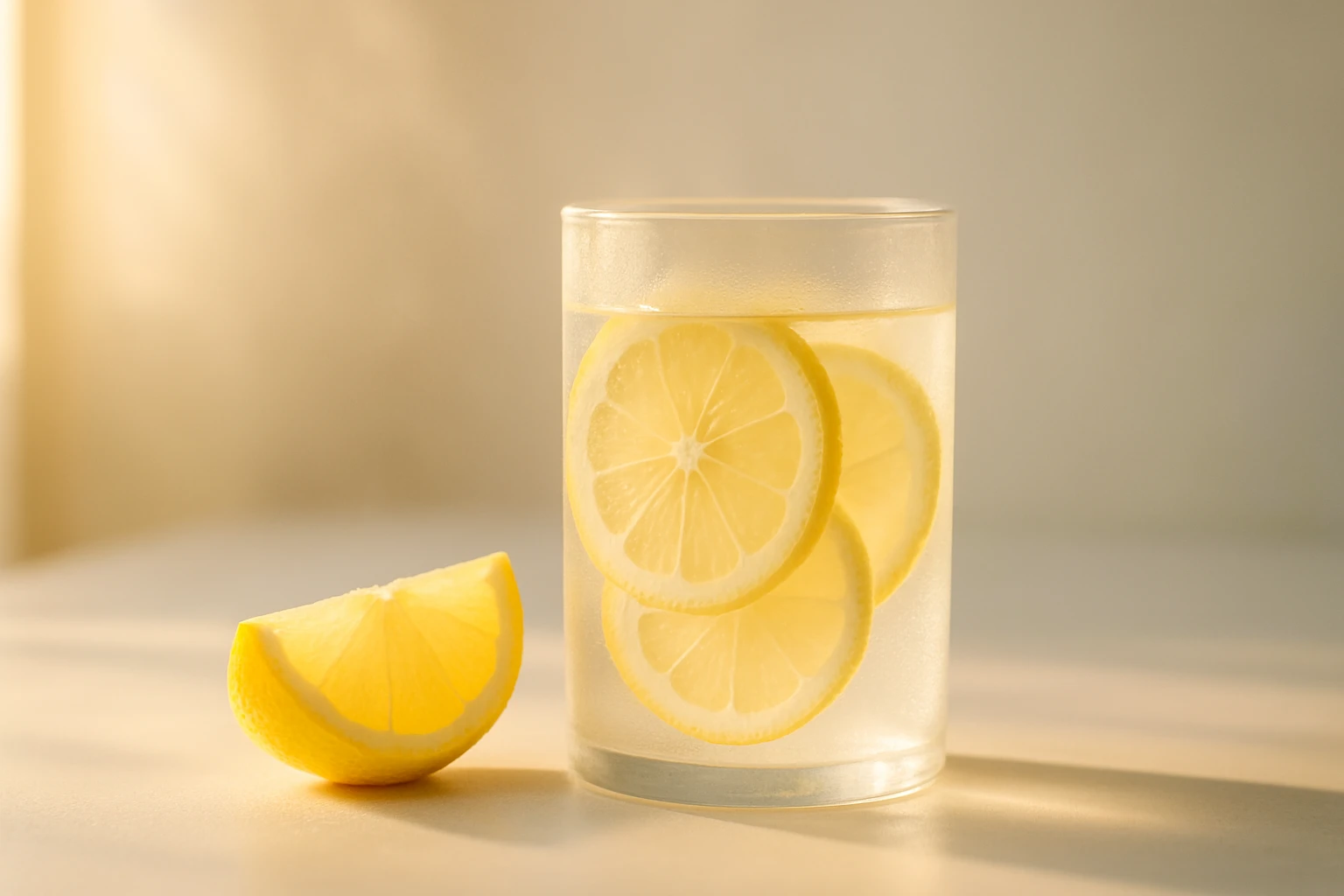 Egy átlátszó pohár frissítő citromos vízzel, citromszeletekkel díszítve.