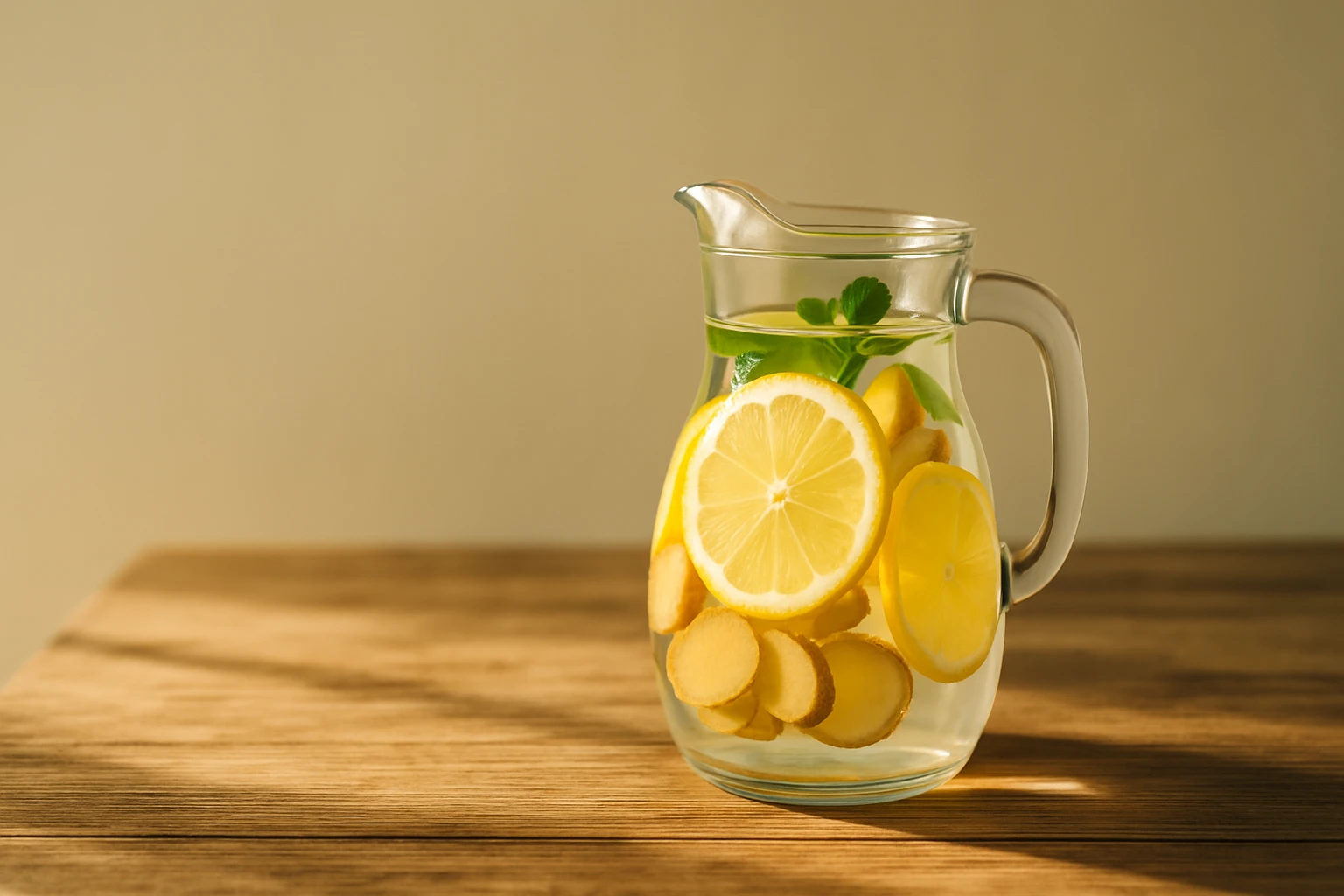 Egy üveg víz citromszeletekkel és mentalevelekkel, világos háttér előtt.