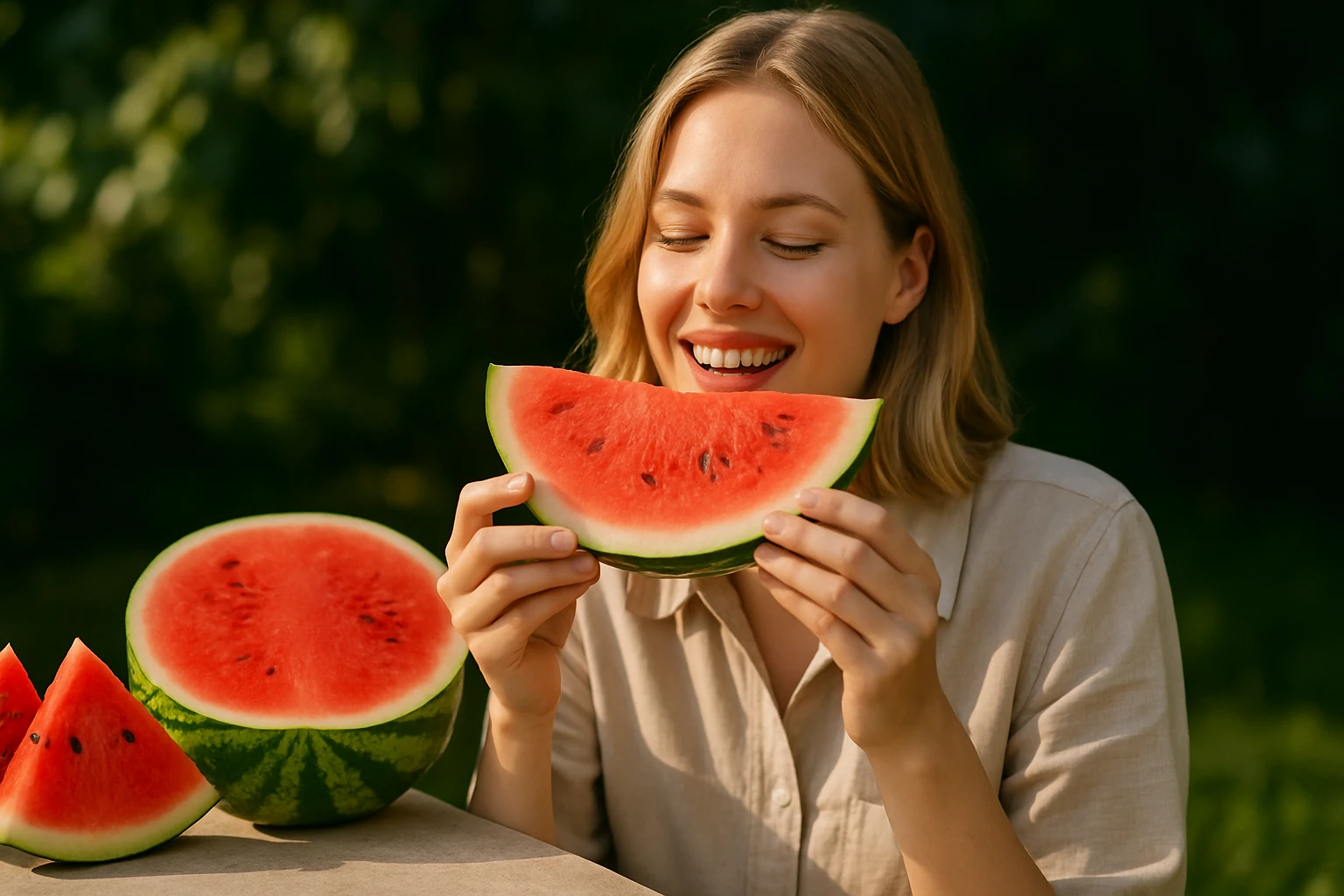 Egy fiatal nő boldogan tart egy szelet dinnyét, miközben a háttérben egész dinnye látható.