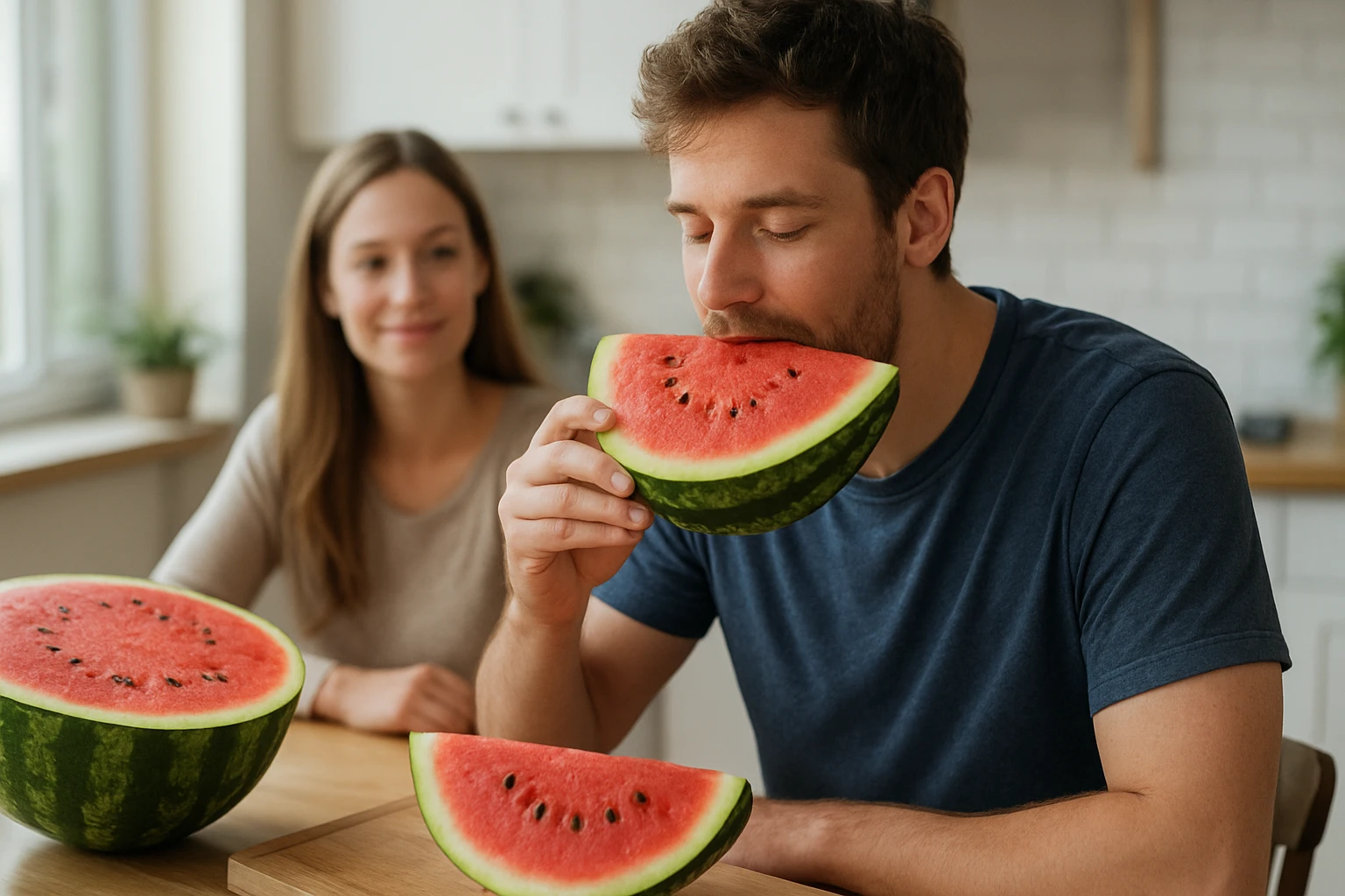 Egy férfi dinnyeszeletet tart a szájához, míg egy nő mosolyogva figyeli.