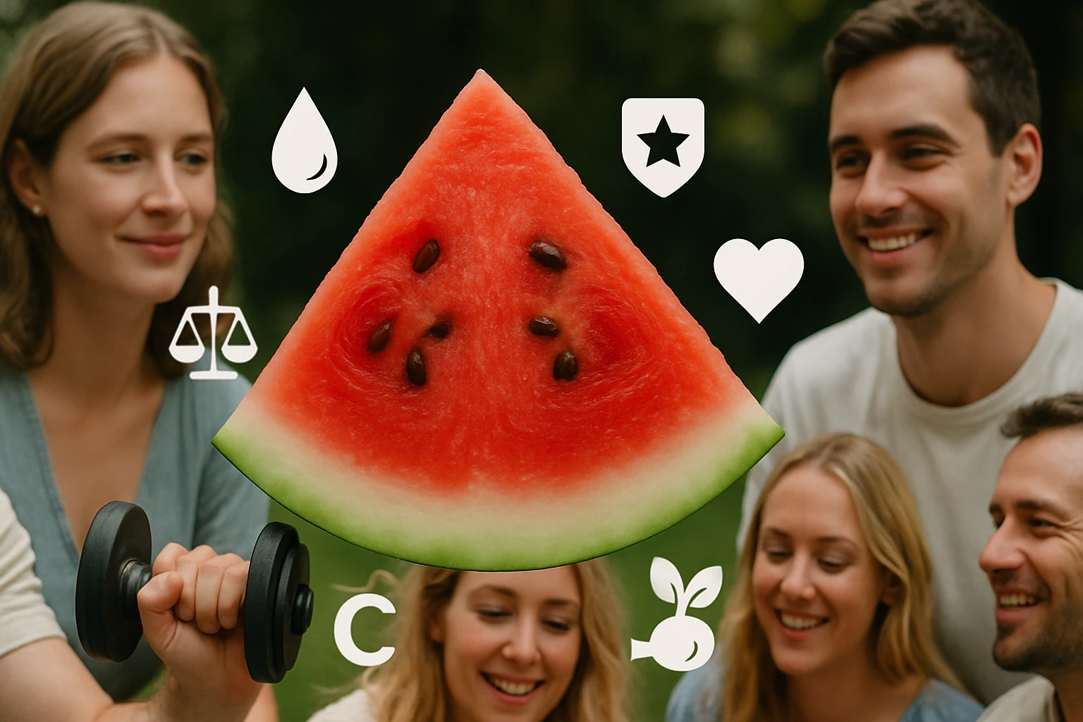 Egy szelet görögdinnye, mellette emberek mosolyognak, fitness eszközök és szimbólumok láthatók.