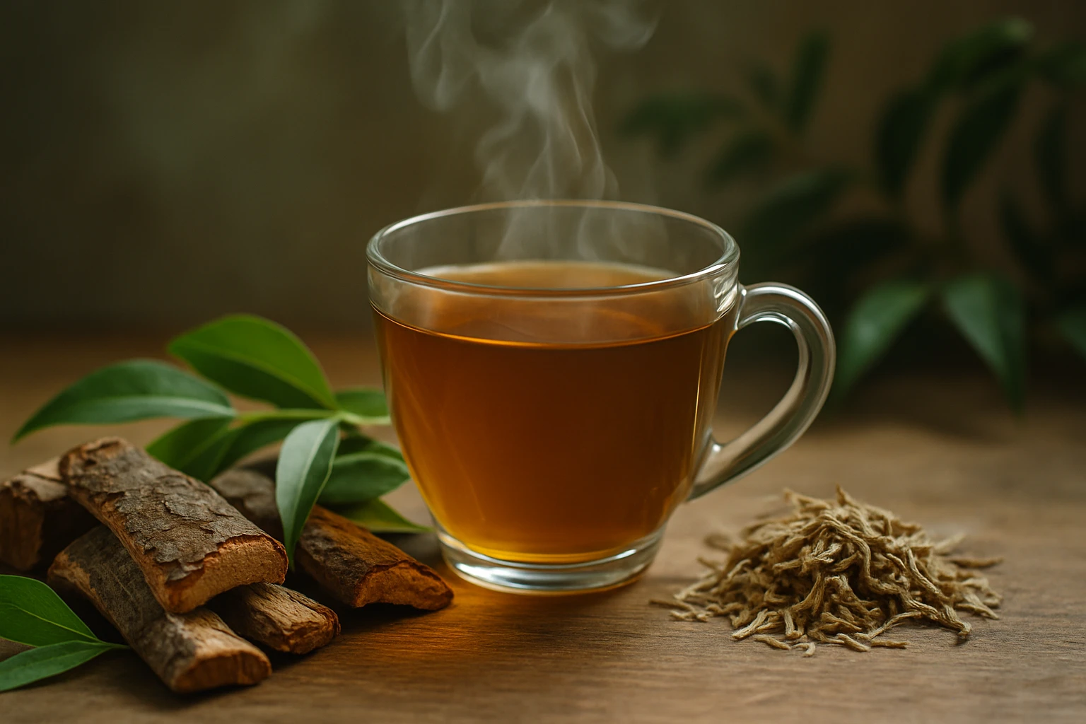 Egy átlátszó pohárban gőzölgő tea, mellette gyógynövények és faágak.