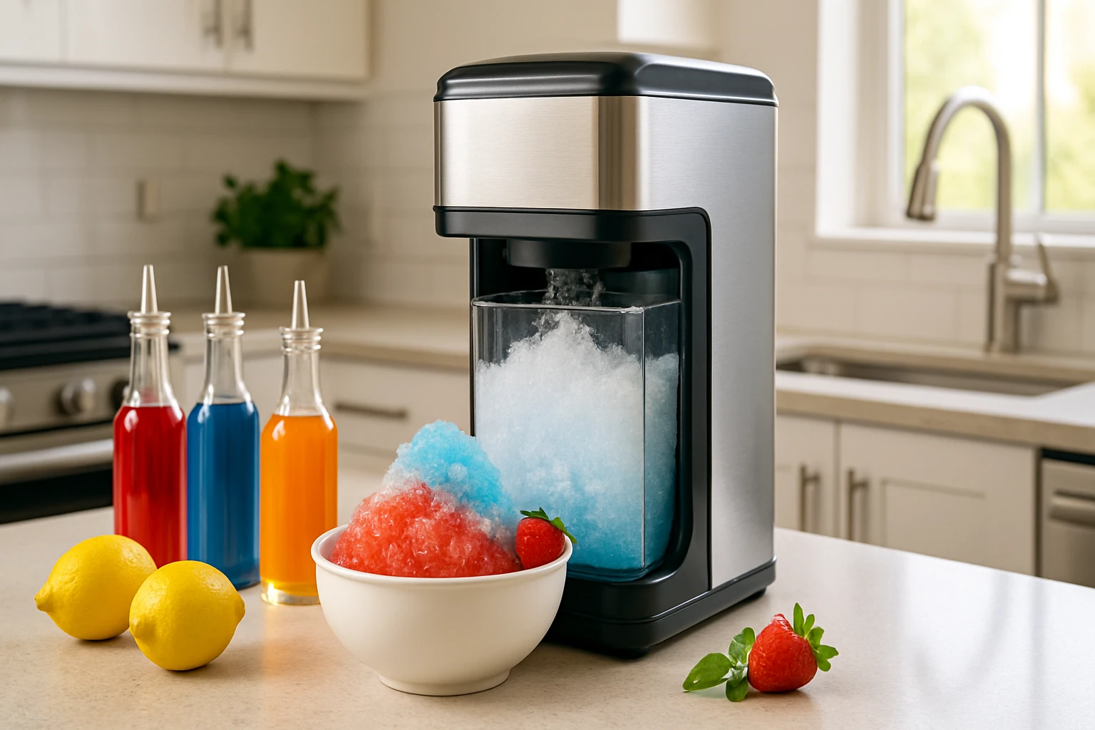 Egy modern jégkása készítő gép, mellette színes szirupok és citromok.