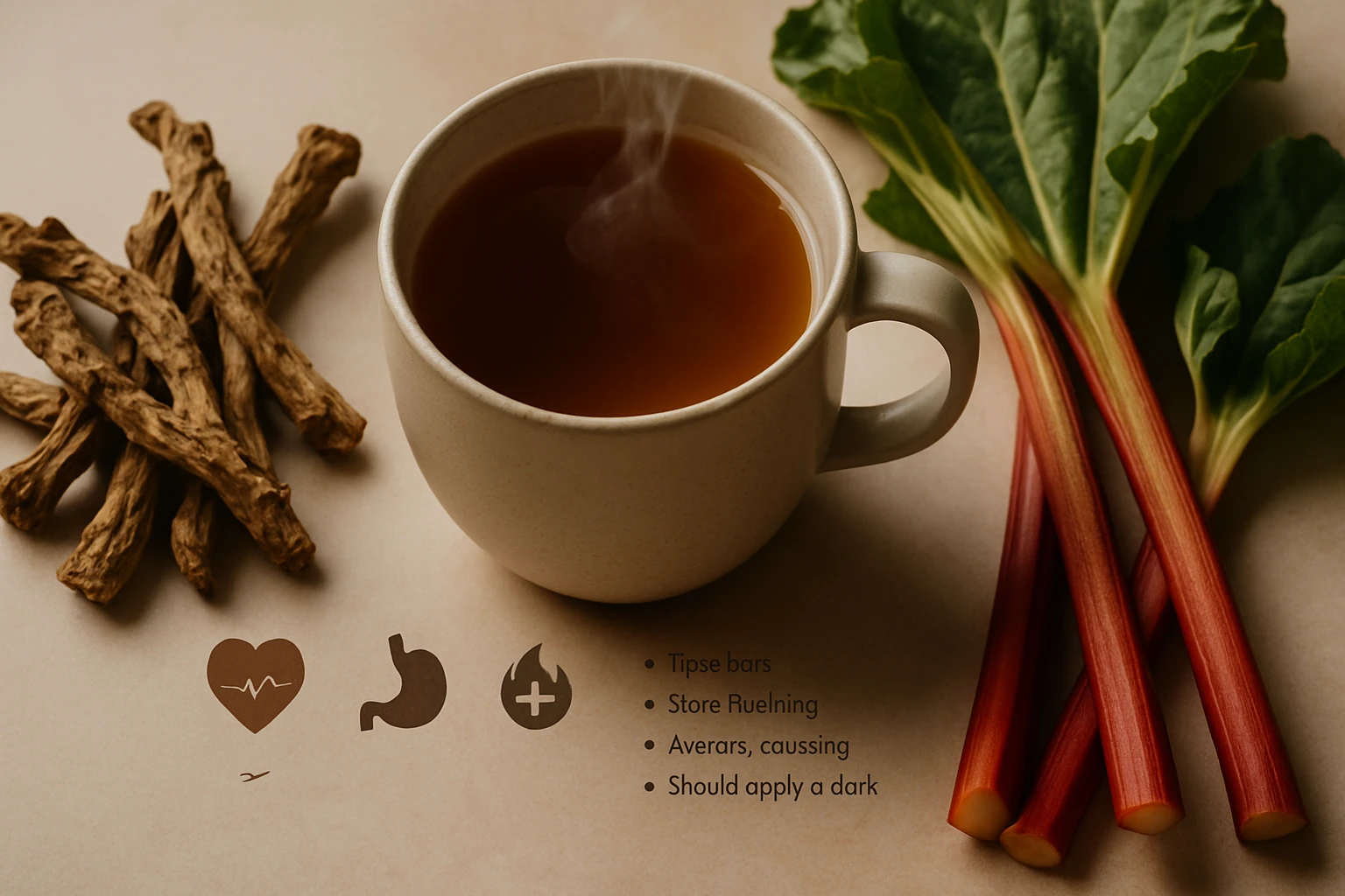 Egy gőzölgő csésze tea, mellette gyökeres növények és zöld levelek.